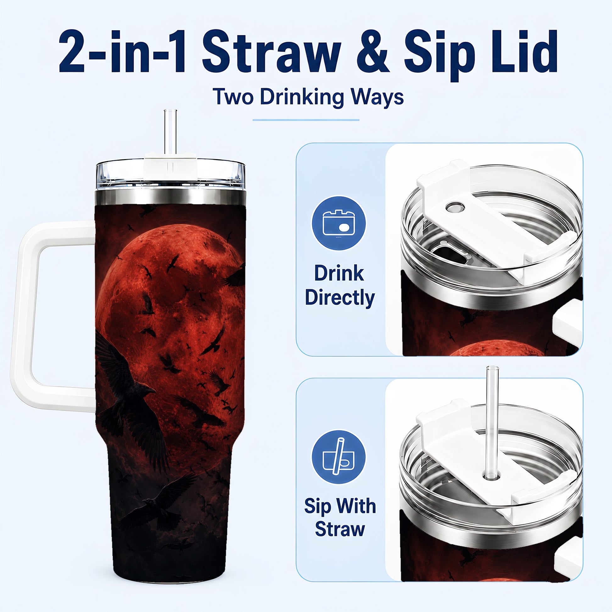 #pl[40oz|White] Red Moon Ravens 40oz Tumbler with Handle, Gothic Night Art