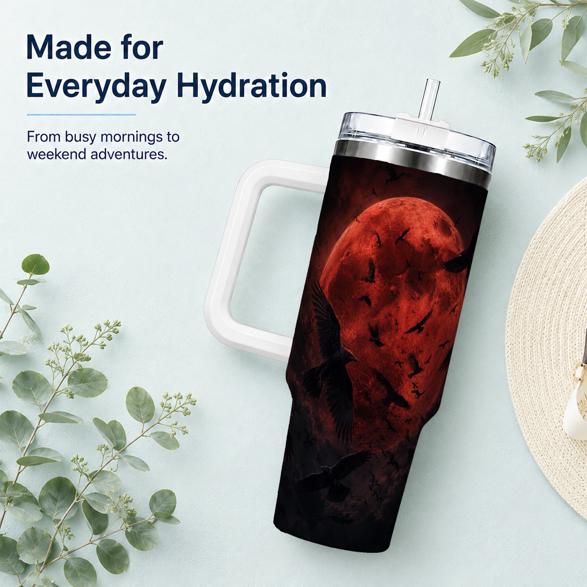 #pl[40oz|White] Red Moon Ravens 40oz Tumbler with Handle, Gothic Night Art