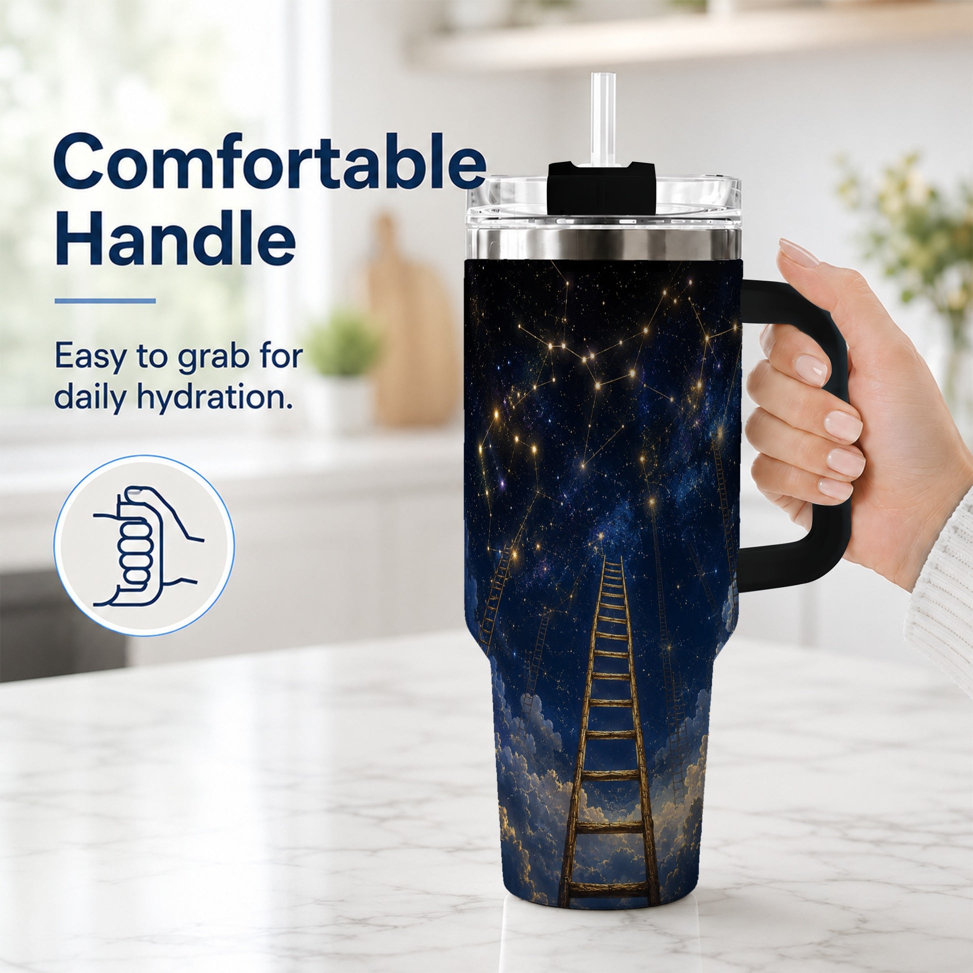 #pl[40oz|Black] Ladder to the Stars 40oz Tumbler with Handle, Celestial Art