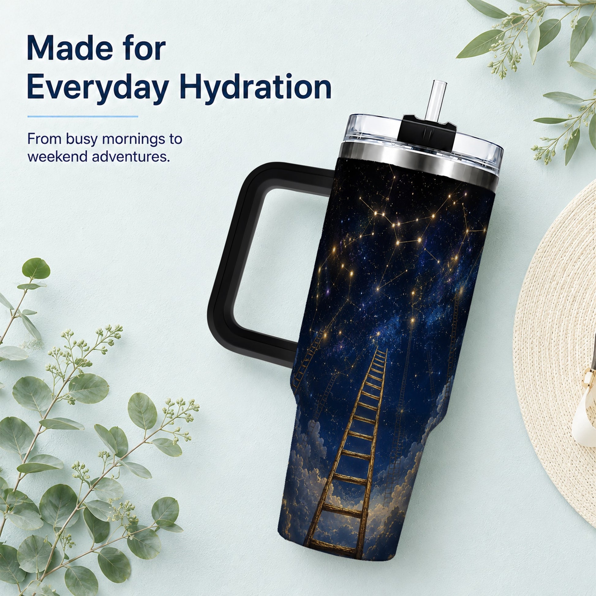 #pl[40oz|Black] Ladder to the Stars 40oz Tumbler with Handle, Celestial Art