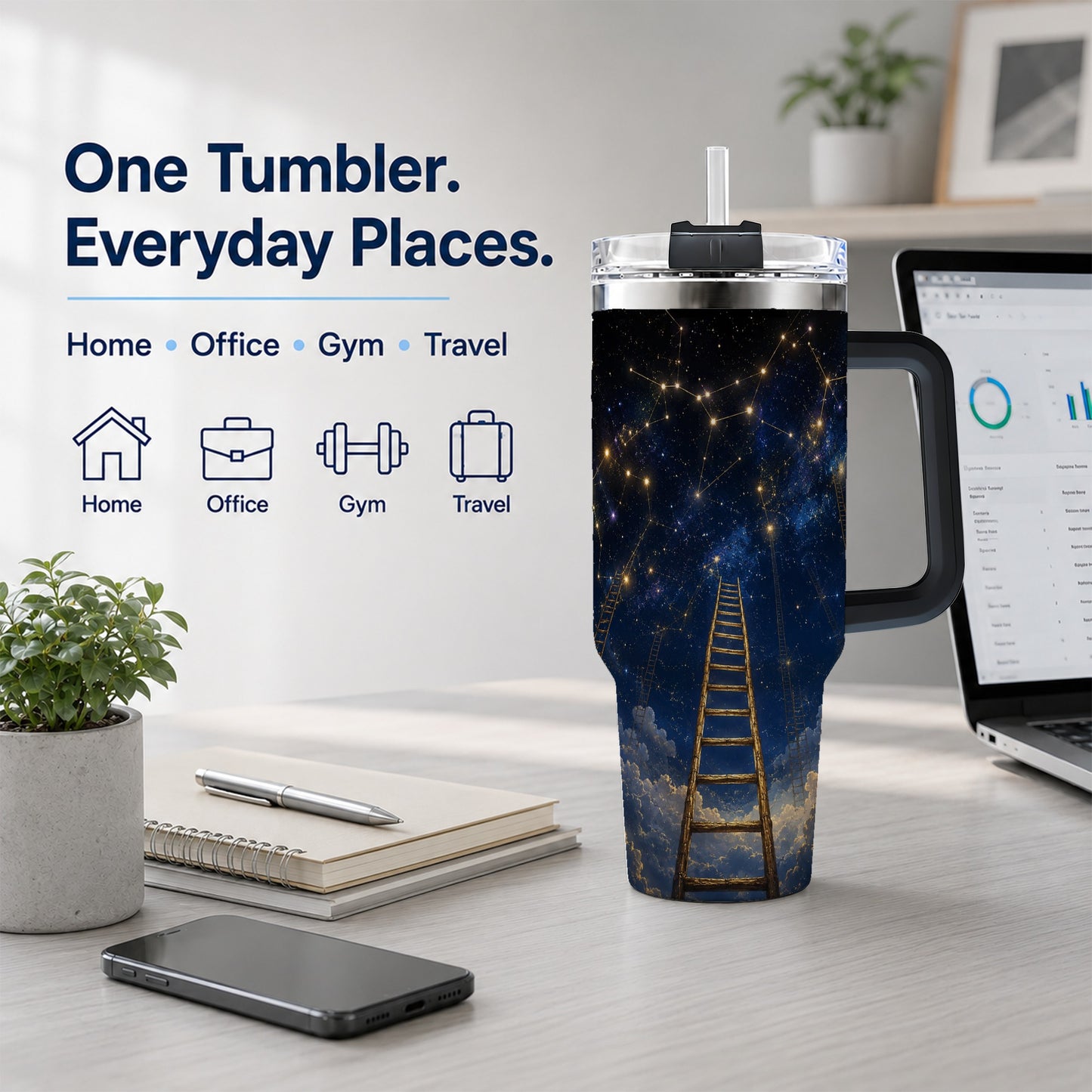 #pl[40oz|Black] Ladder to the Stars 40oz Tumbler with Handle, Celestial Art