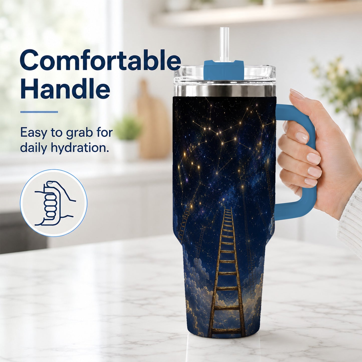 #pl[40oz|Blue] Ladder to the Stars 40oz Tumbler with Handle, Celestial Art