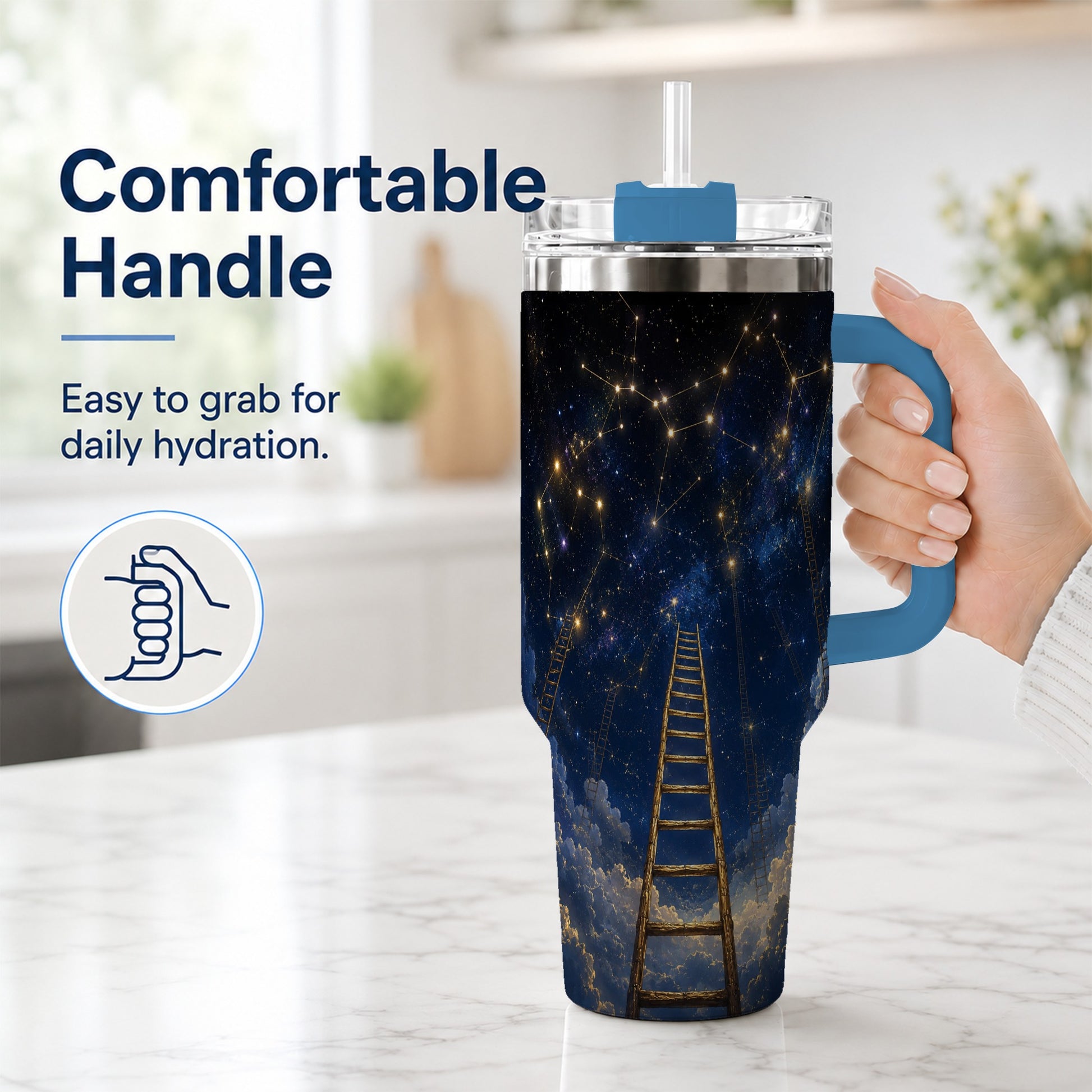 #pl[40oz|Blue] Ladder to the Stars 40oz Tumbler with Handle, Celestial Art