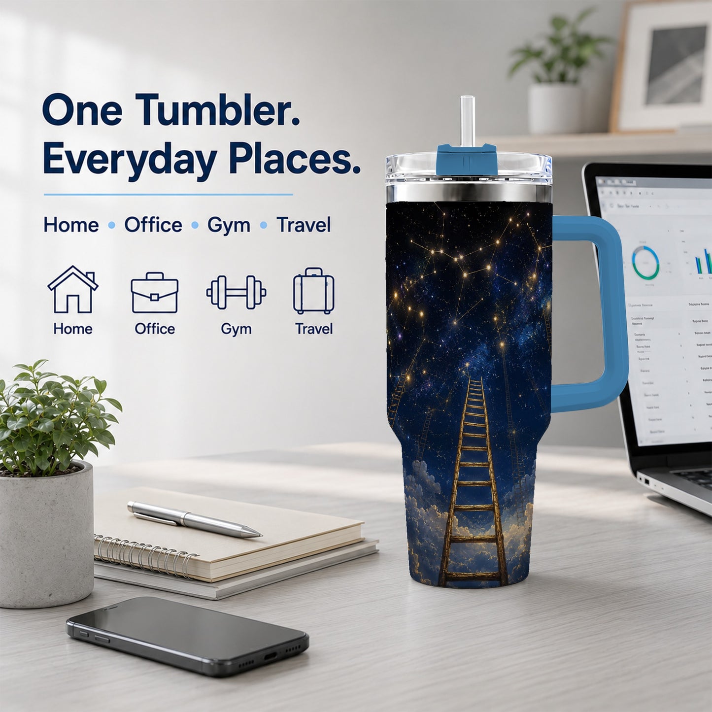 #pl[40oz|Blue] Ladder to the Stars 40oz Tumbler with Handle, Celestial Art