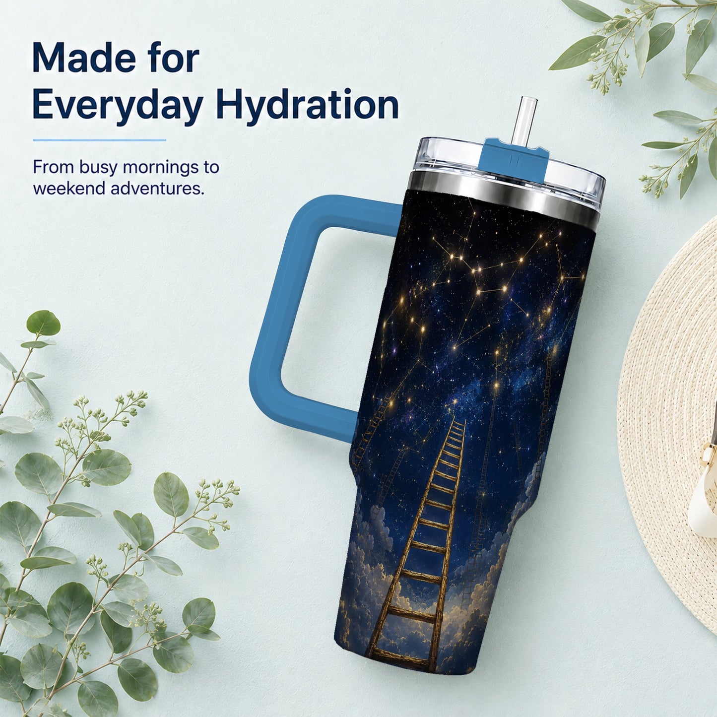 #pl[40oz|Blue] Ladder to the Stars 40oz Tumbler with Handle, Celestial Art