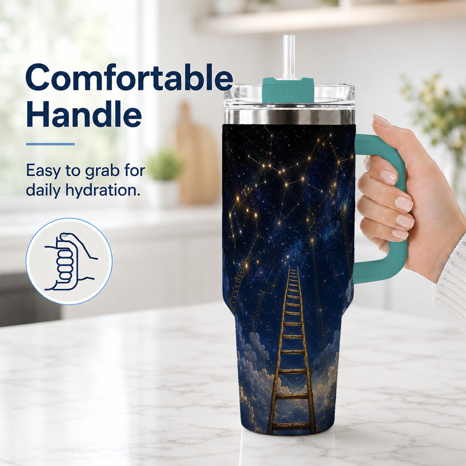 #pl[40oz|Green] Ladder to the Stars 40oz Tumbler with Handle, Celestial Art