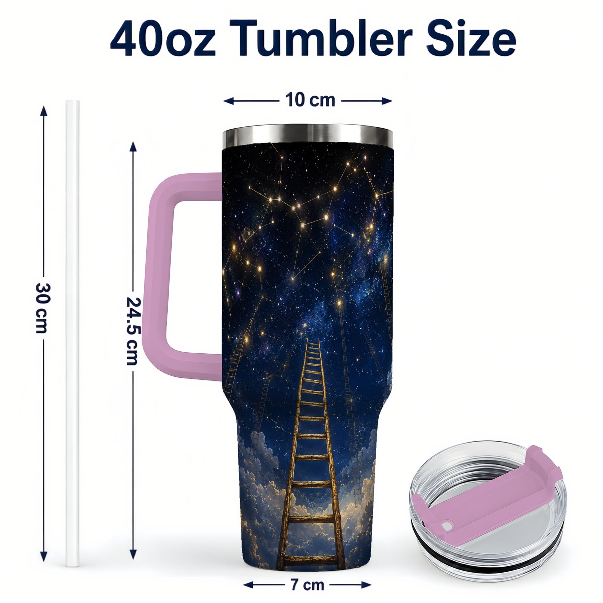 #pl[40oz|Pink] Ladder to the Stars 40oz Tumbler with Handle, Celestial Art