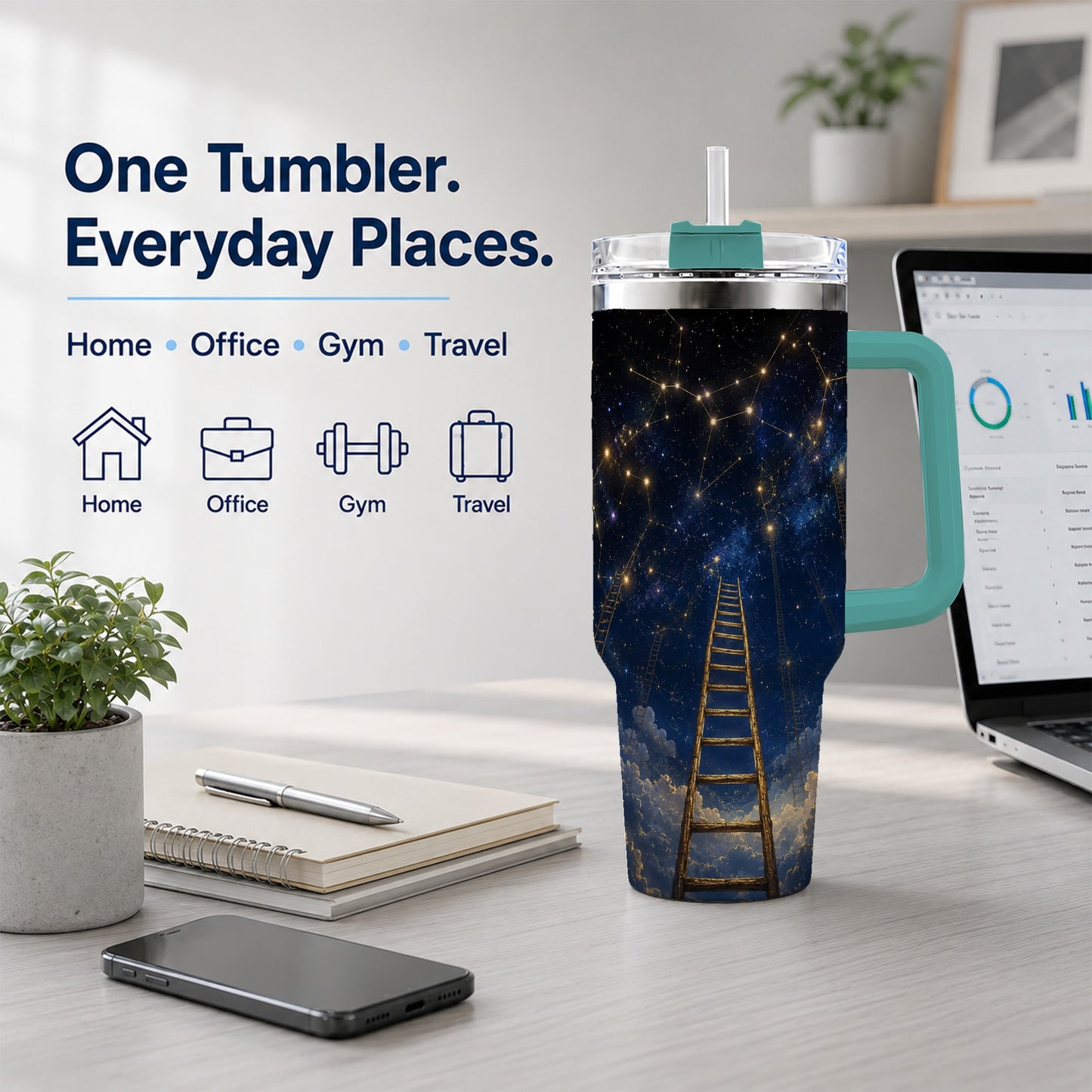 #pl[40oz|Green] Ladder to the Stars 40oz Tumbler with Handle, Celestial Art
