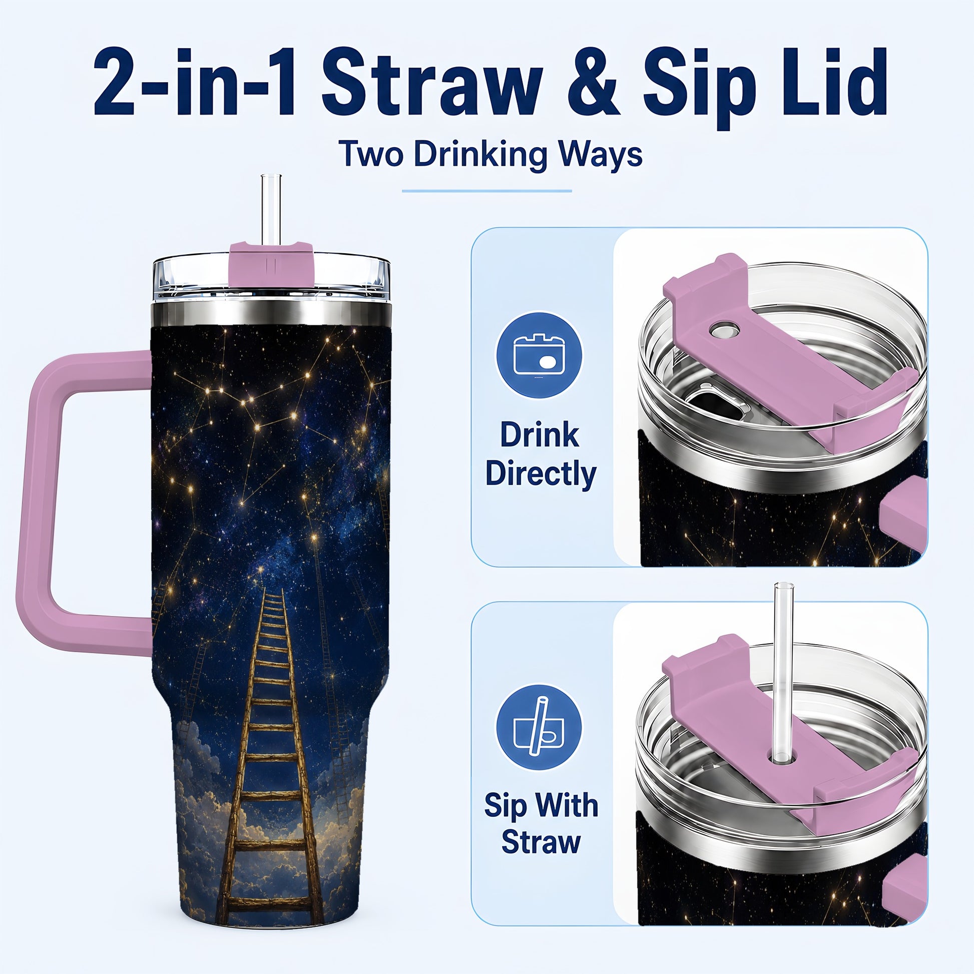 #pl[40oz|Pink] Ladder to the Stars 40oz Tumbler with Handle, Celestial Art