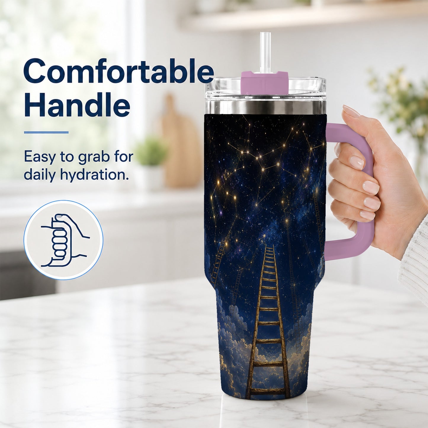 #pl[40oz|Pink] Ladder to the Stars 40oz Tumbler with Handle, Celestial Art
