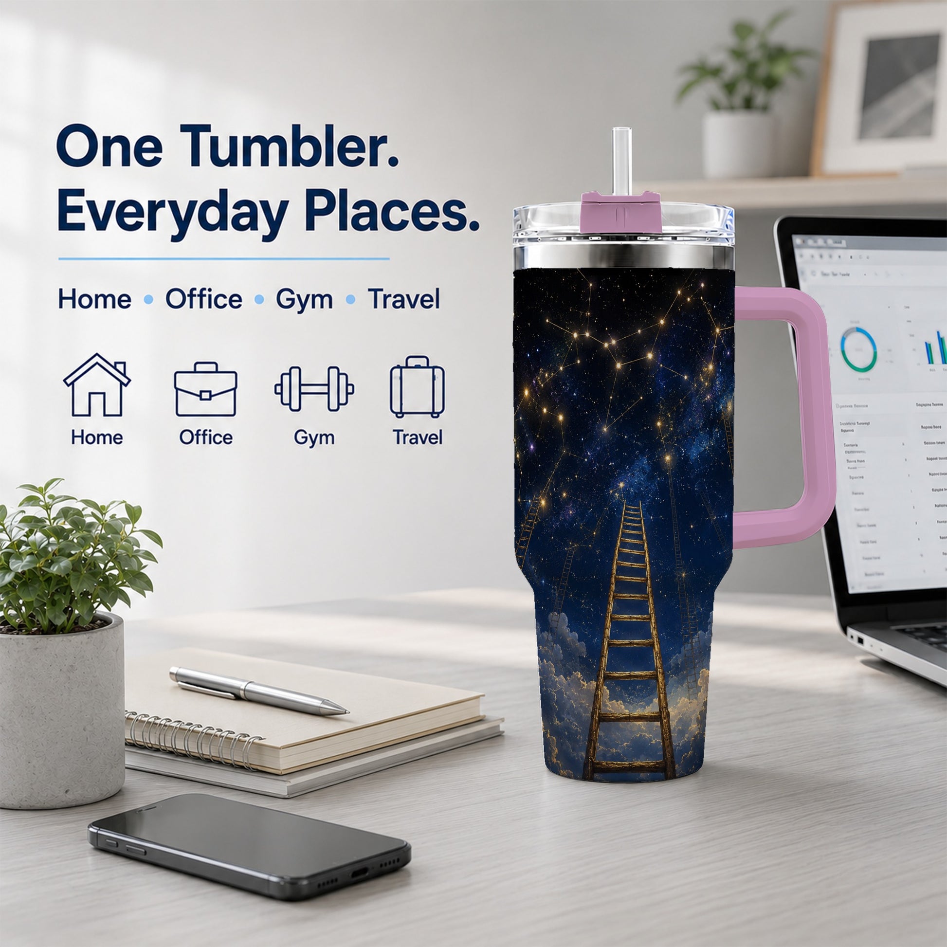 #pl[40oz|Pink] Ladder to the Stars 40oz Tumbler with Handle, Celestial Art