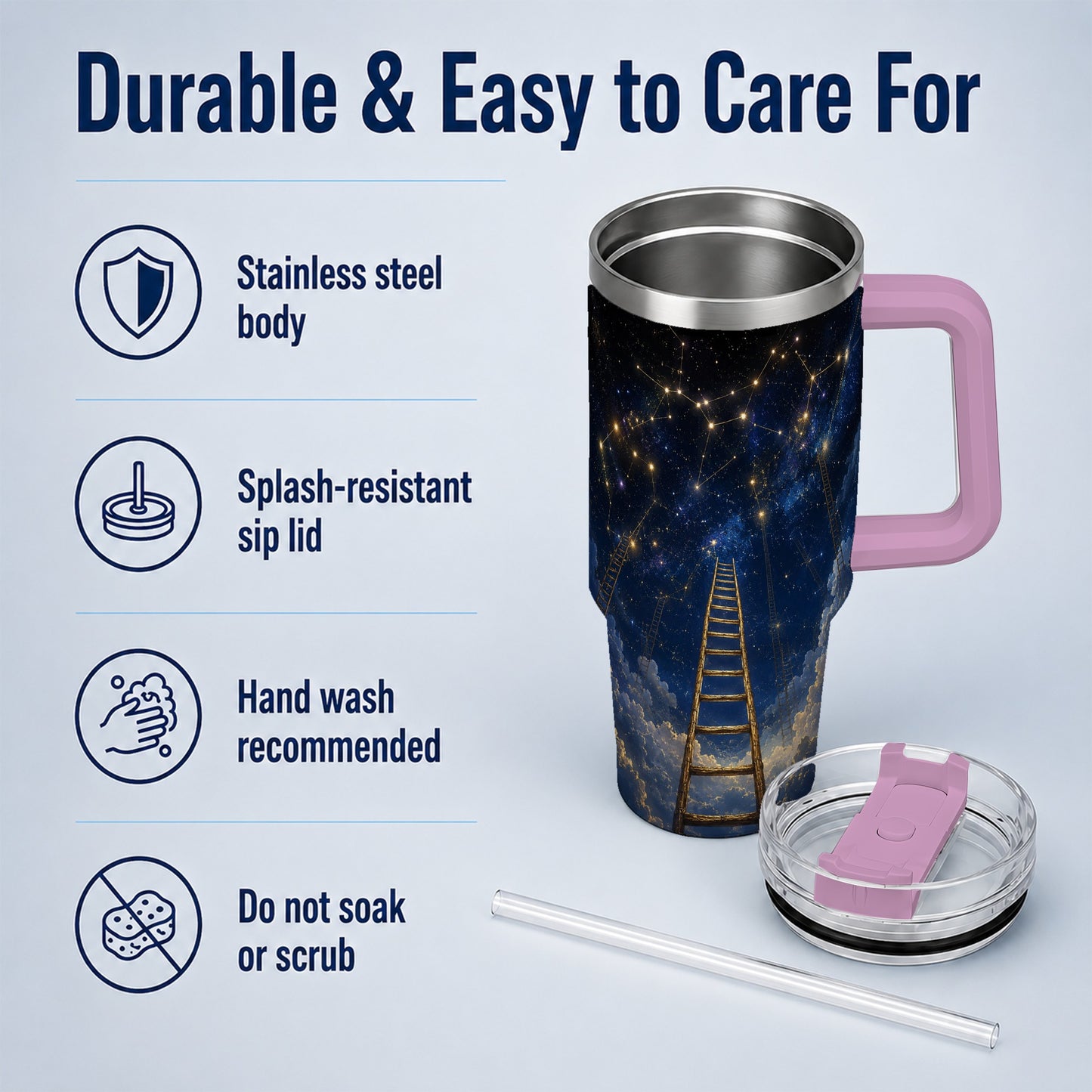 #pl[40oz|Pink] Ladder to the Stars 40oz Tumbler with Handle, Celestial Art