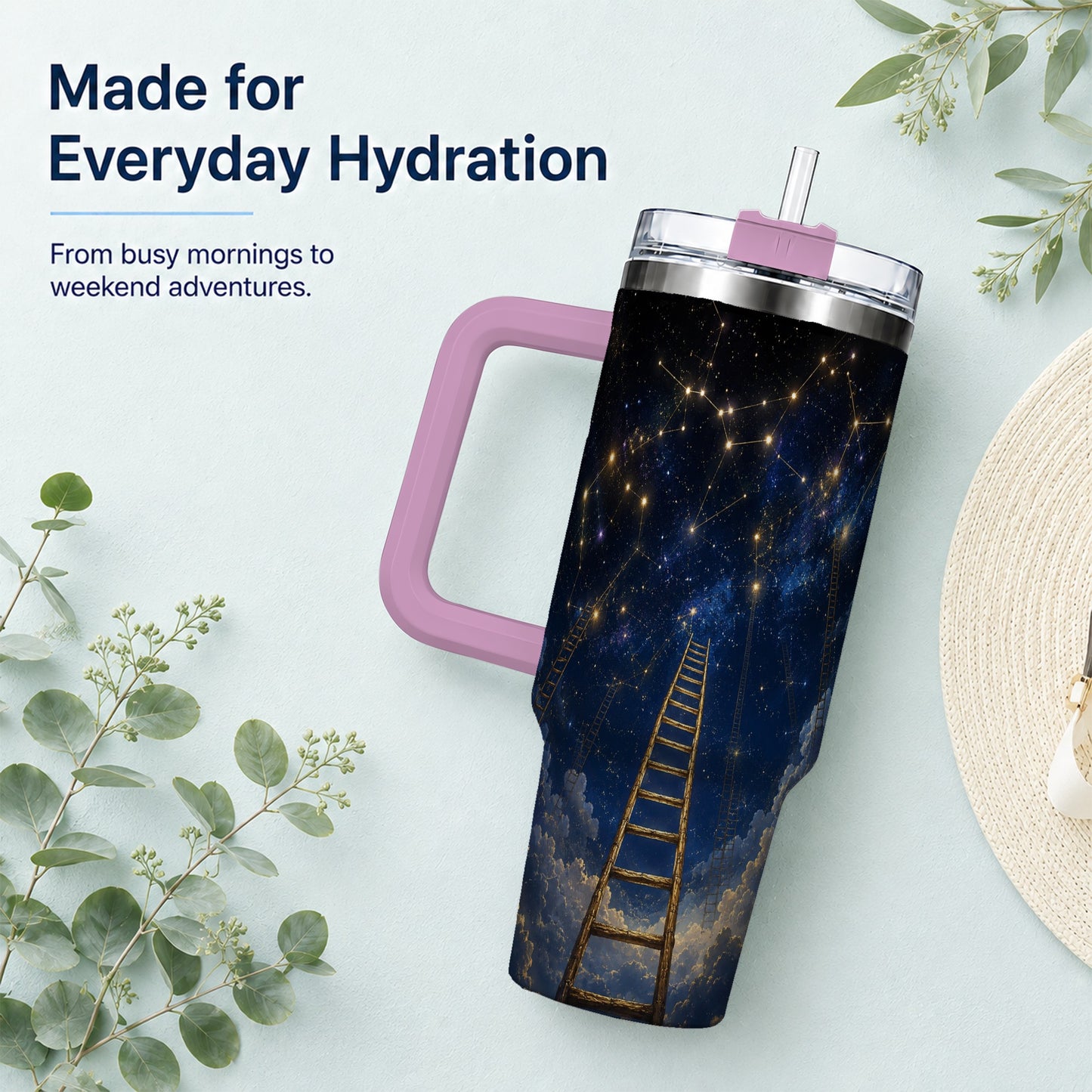 #pl[40oz|Pink] Ladder to the Stars 40oz Tumbler with Handle, Celestial Art