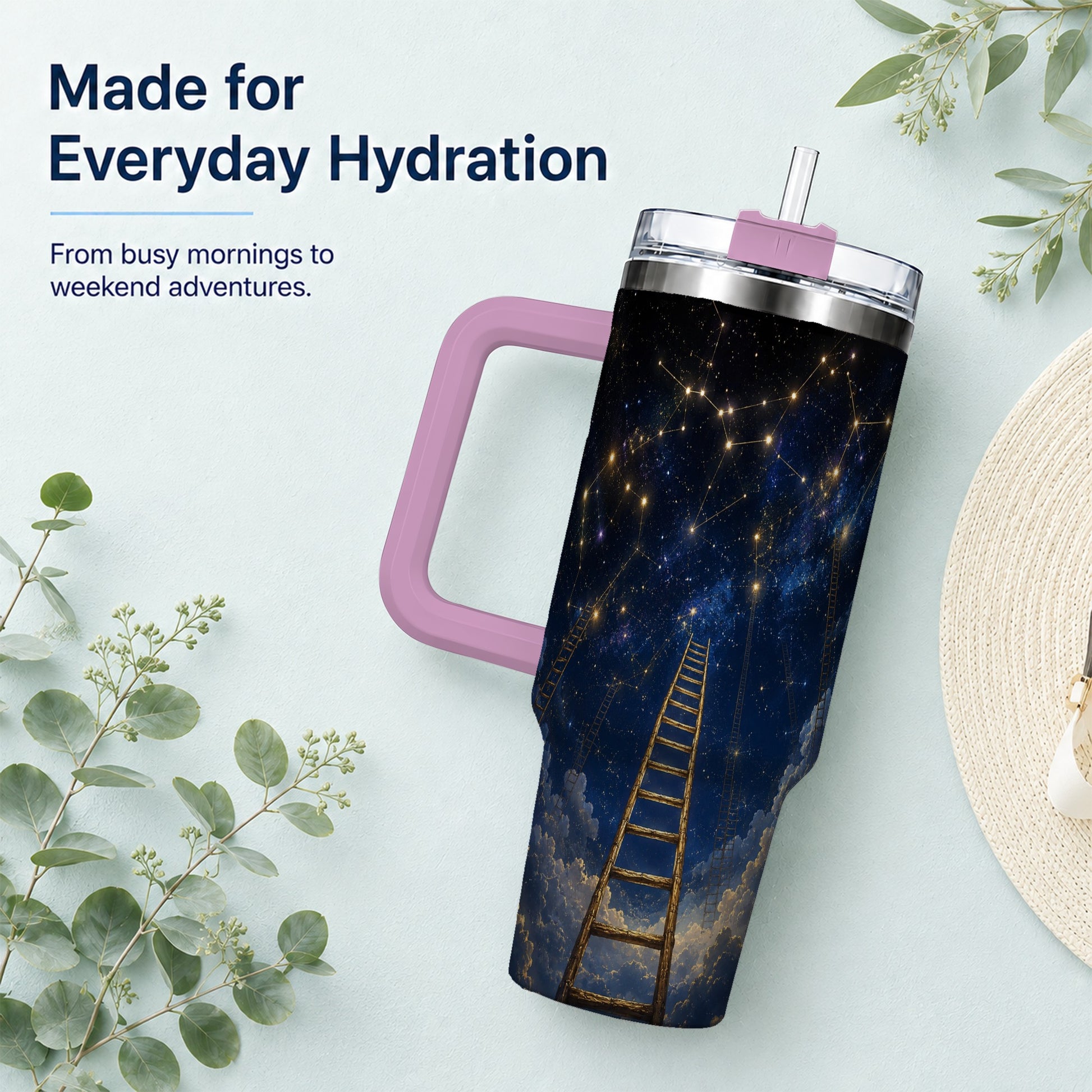 #pl[40oz|Pink] Ladder to the Stars 40oz Tumbler with Handle, Celestial Art