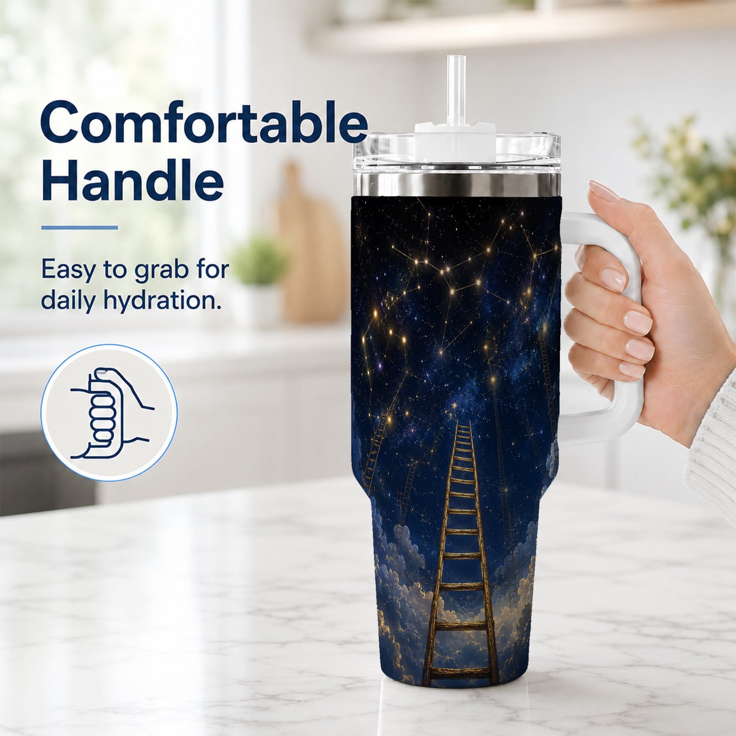 #pl[40oz|White] Ladder to the Stars 40oz Tumbler with Handle, Celestial Art
