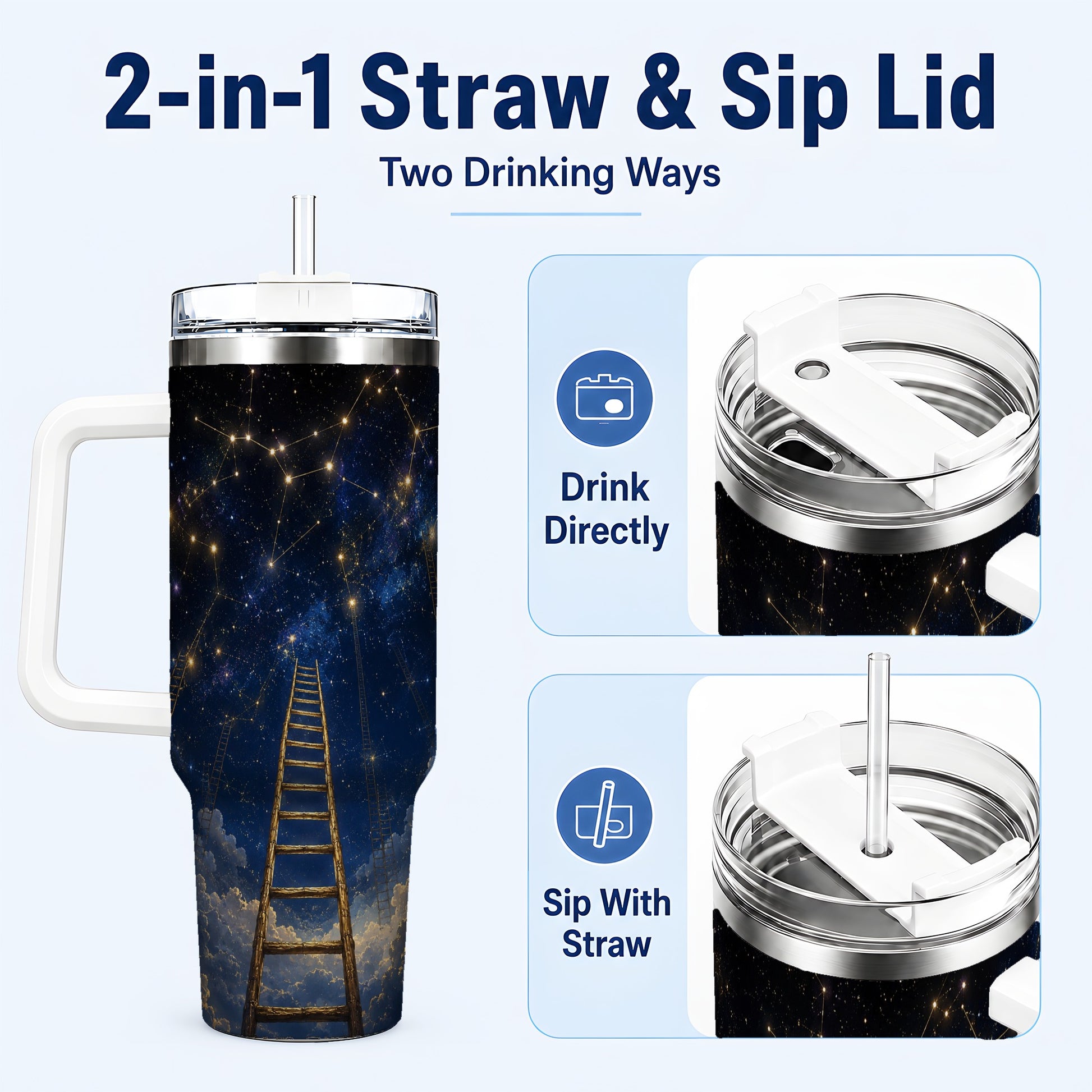 #pl[40oz|White] Ladder to the Stars 40oz Tumbler with Handle, Celestial Art
