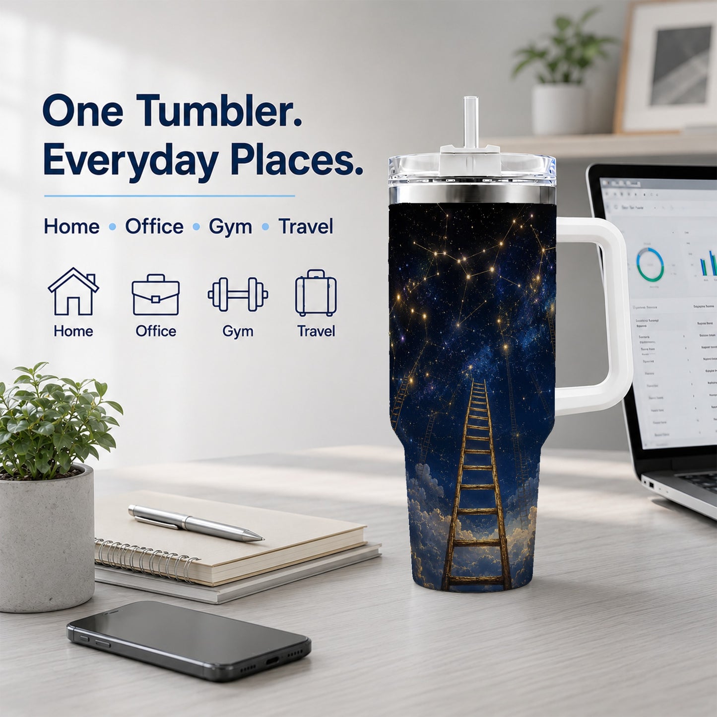 #pl[40oz|White] Ladder to the Stars 40oz Tumbler with Handle, Celestial Art