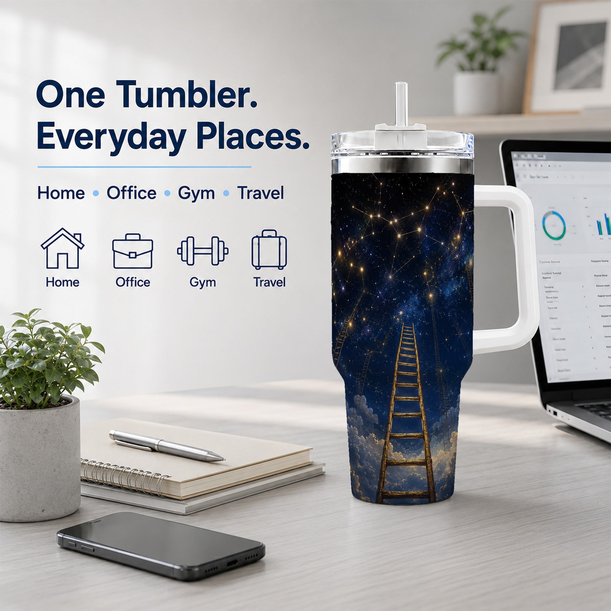 #pl[40oz|White] Ladder to the Stars 40oz Tumbler with Handle, Celestial Art
