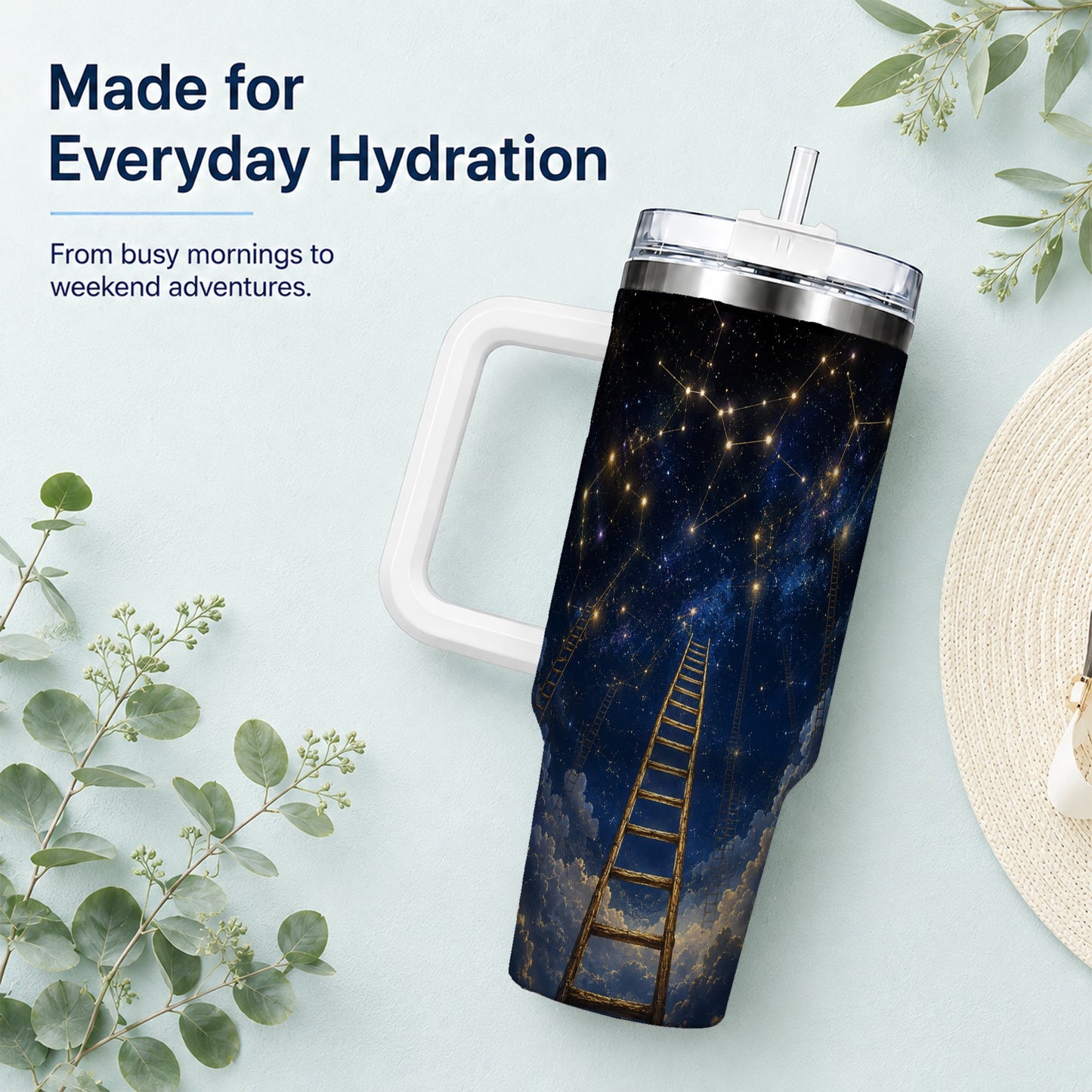 #pl[40oz|White] Ladder to the Stars 40oz Tumbler with Handle, Celestial Art