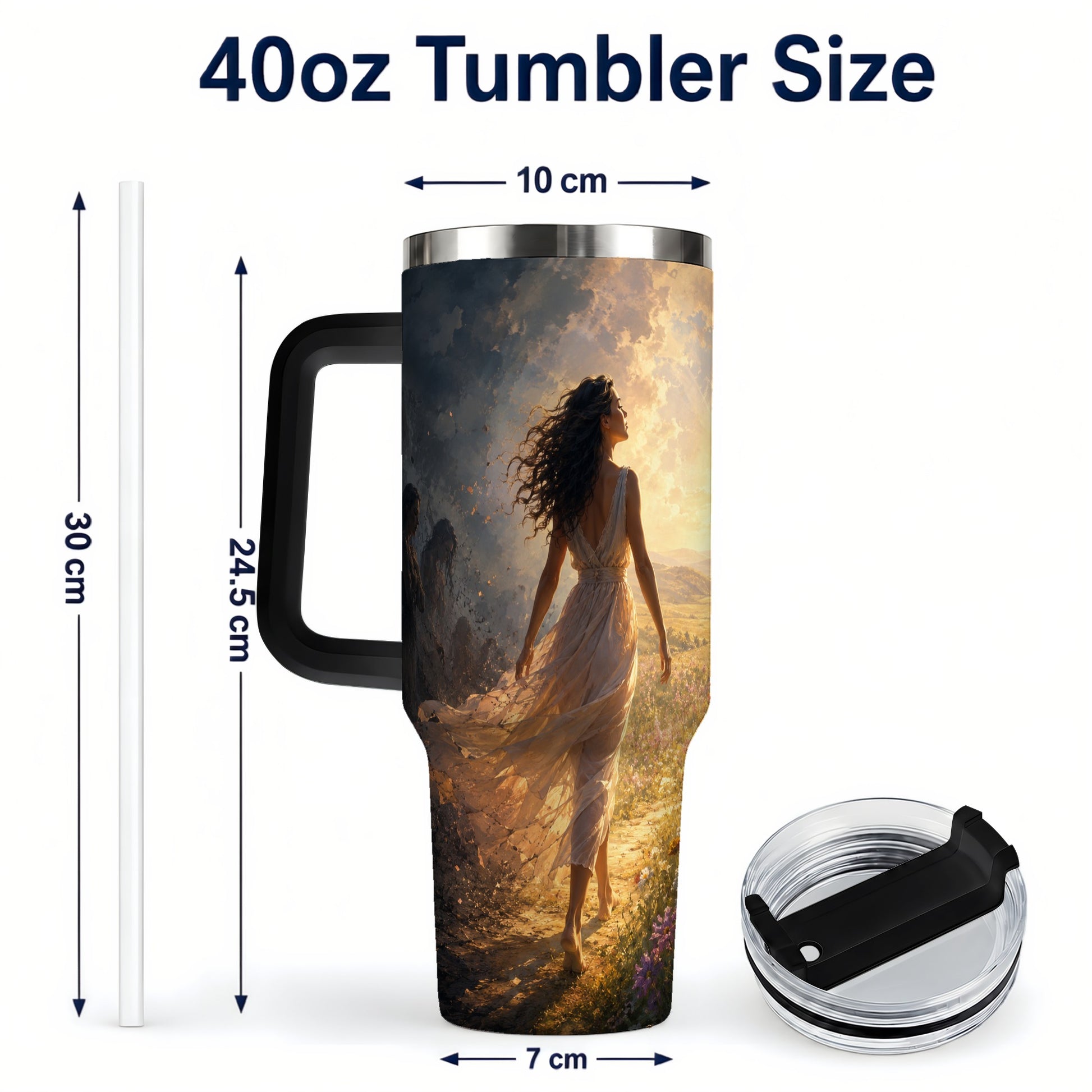 #pl[40oz|Black] Into the Light 40oz Tumbler with Handle, Hopeful Journey Art