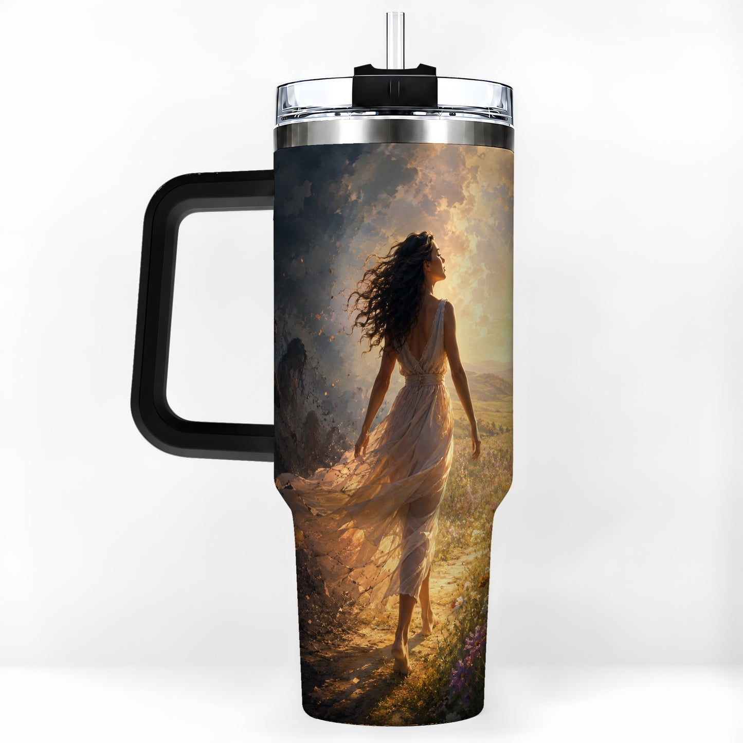 #pl[40oz|Black] Into the Light 40oz Tumbler with Handle, Hopeful Journey Art