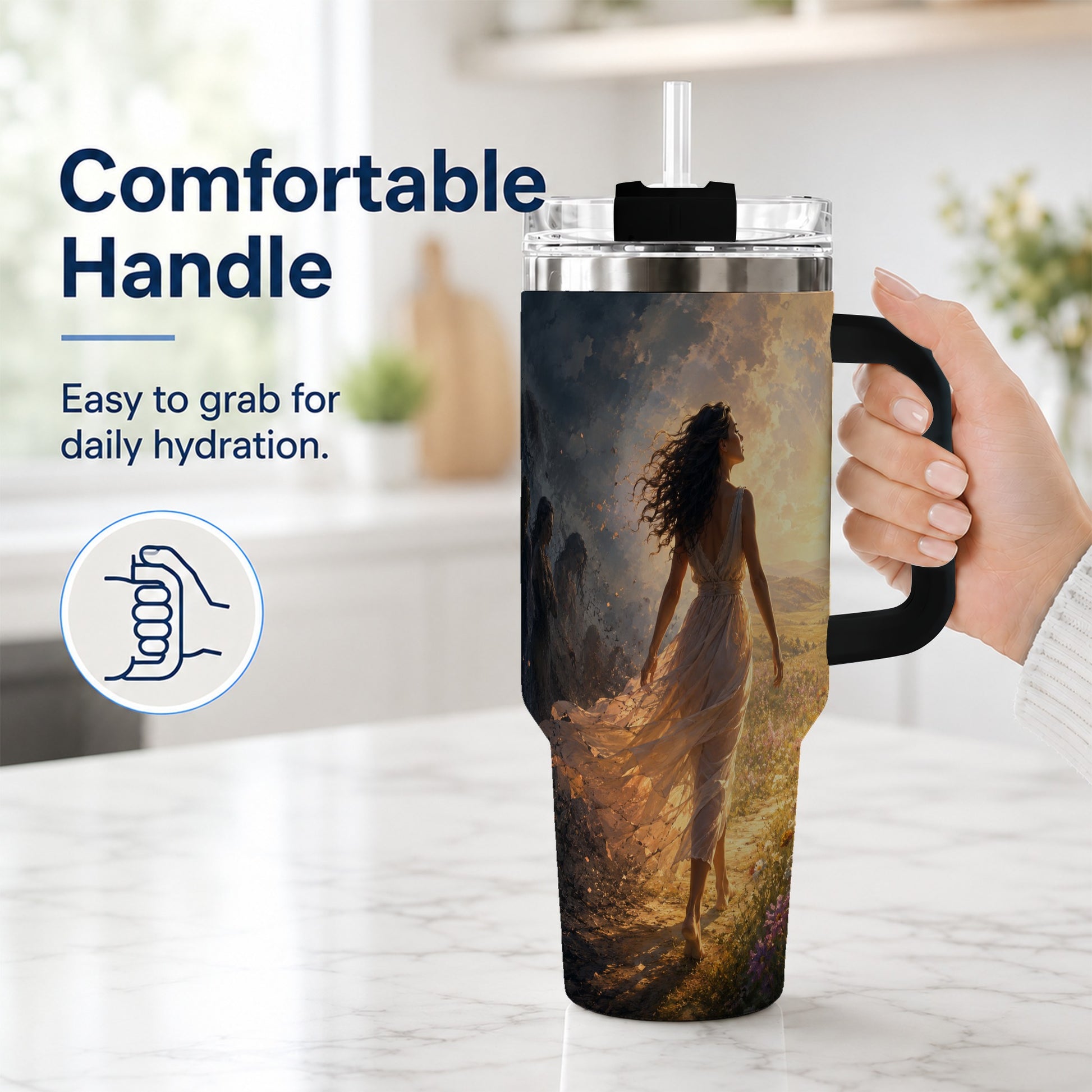 #pl[40oz|Black] Into the Light 40oz Tumbler with Handle, Hopeful Journey Art