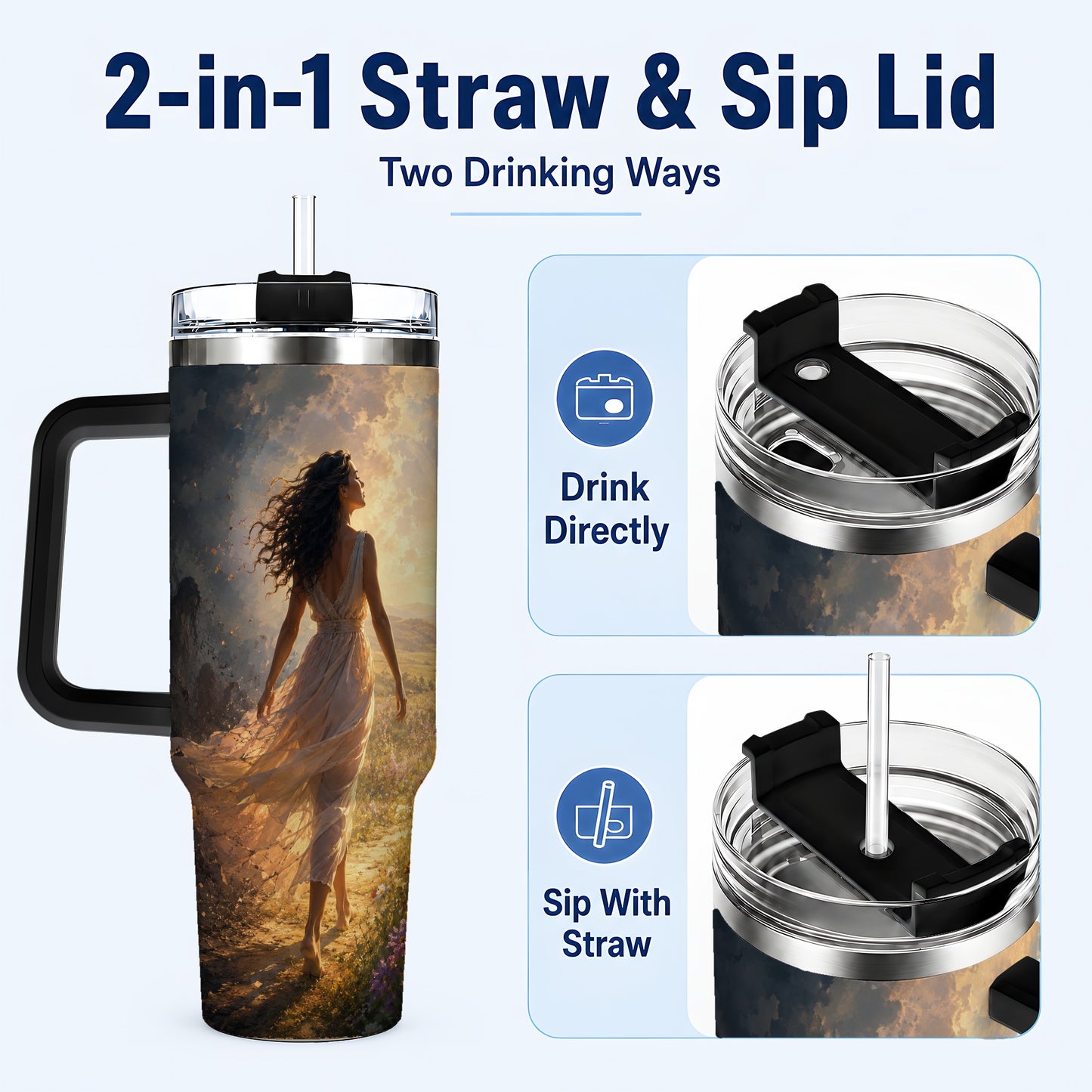 #pl[40oz|Black] Into the Light 40oz Tumbler with Handle, Hopeful Journey Art