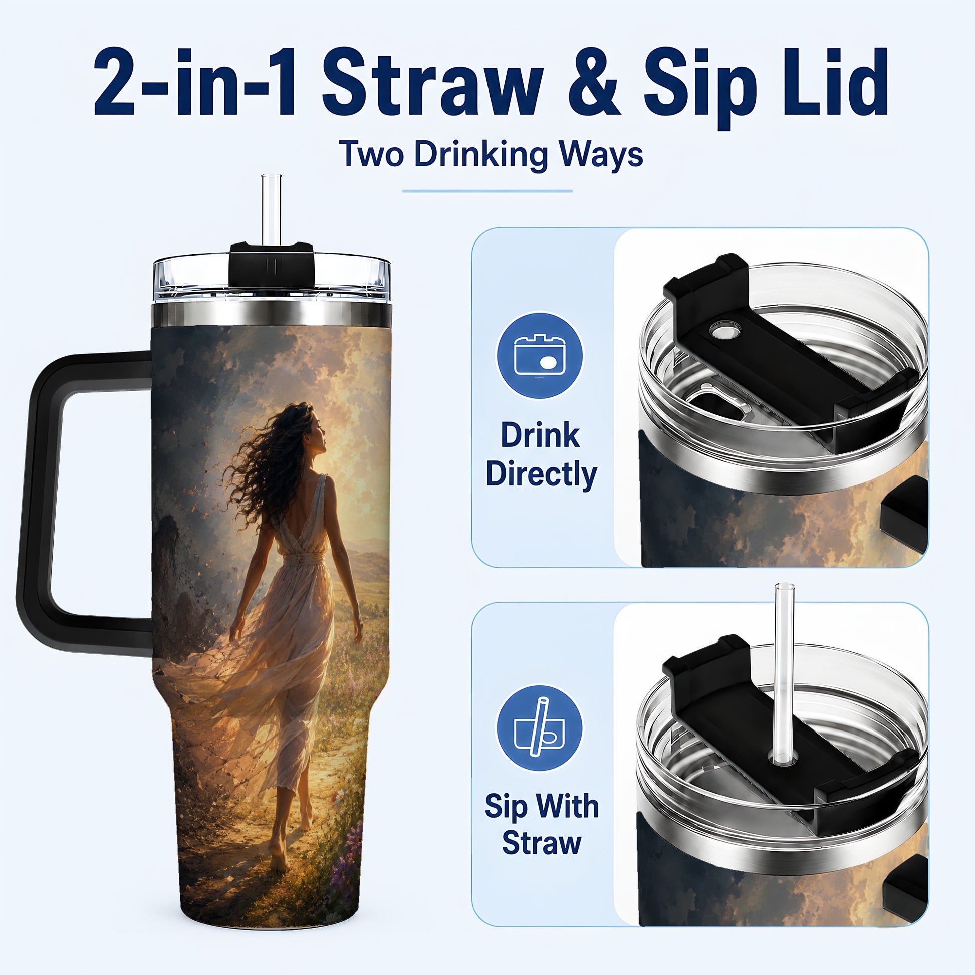 #pl[40oz|Black] Into the Light 40oz Tumbler with Handle, Hopeful Journey Art