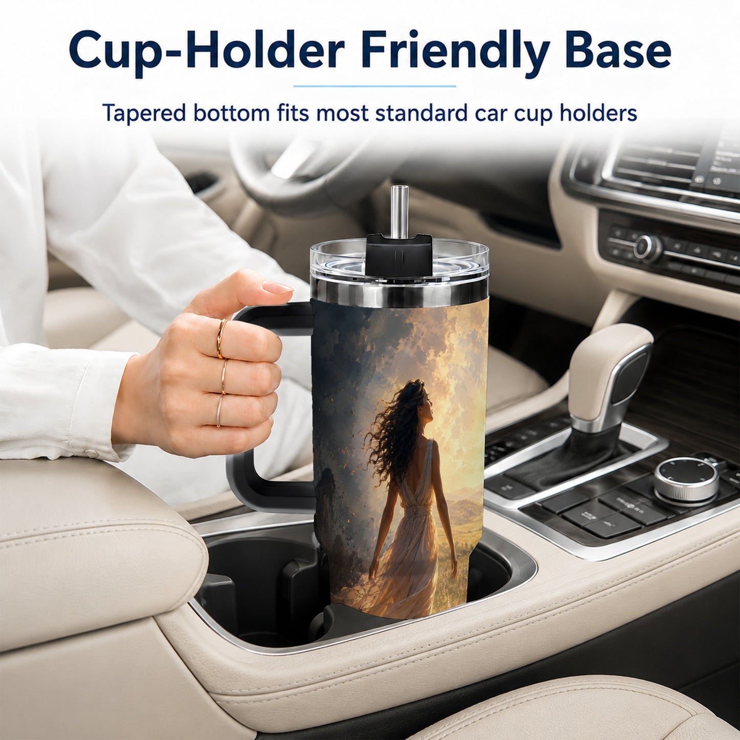 #pl[40oz|Black] Into the Light 40oz Tumbler with Handle, Hopeful Journey Art