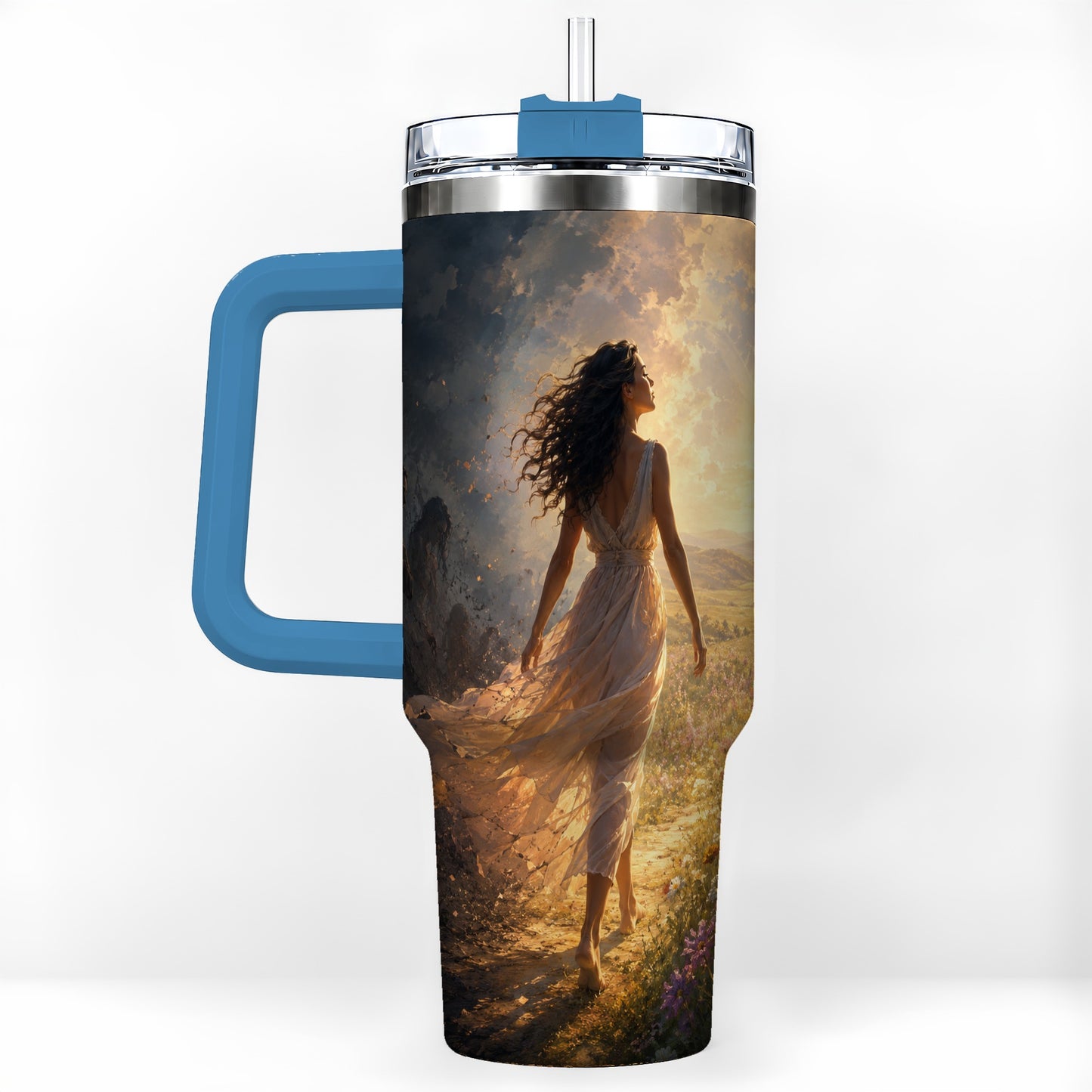 #pl[40oz|Blue] Into the Light 40oz Tumbler with Handle, Hopeful Journey Art