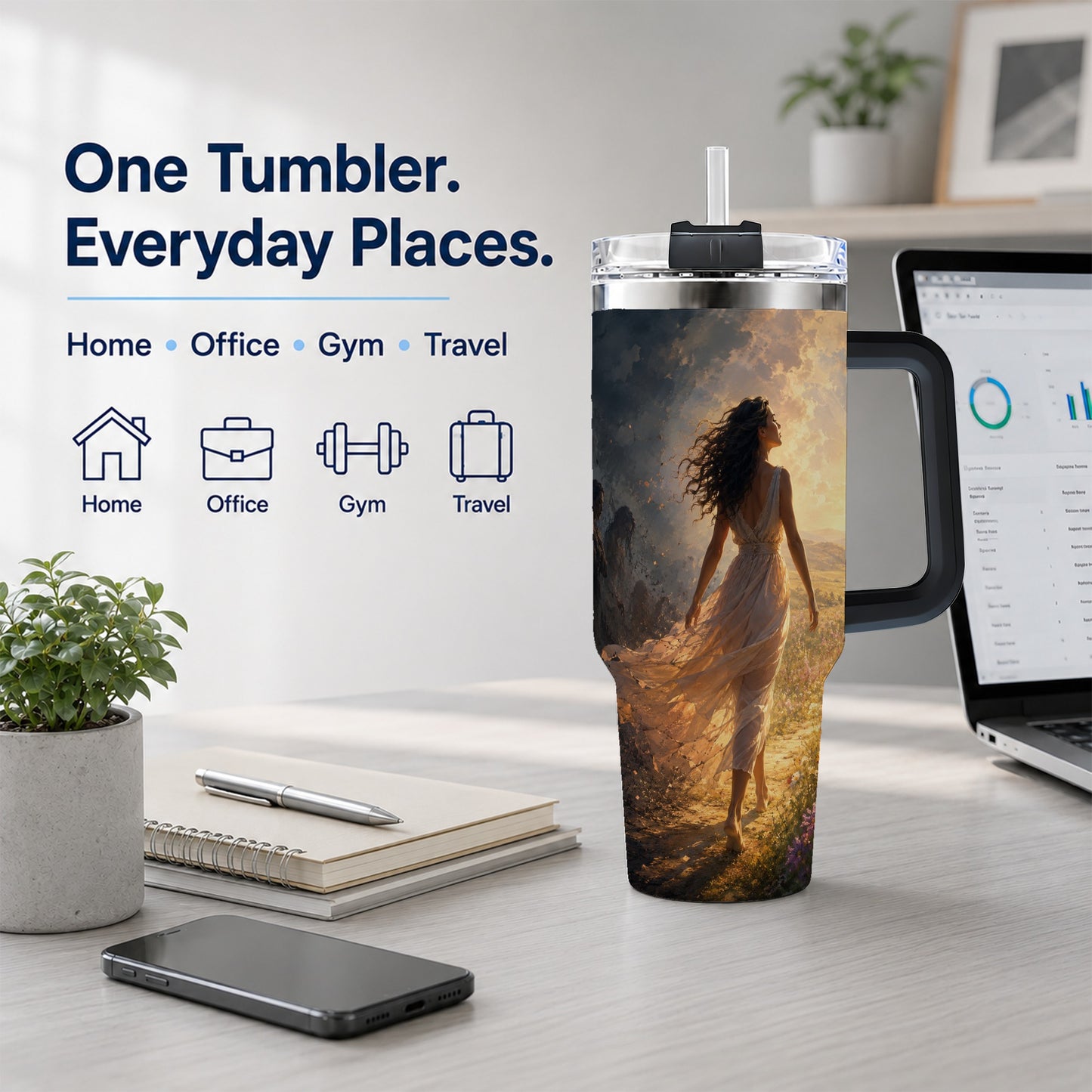 #pl[40oz|Black] Into the Light 40oz Tumbler with Handle, Hopeful Journey Art