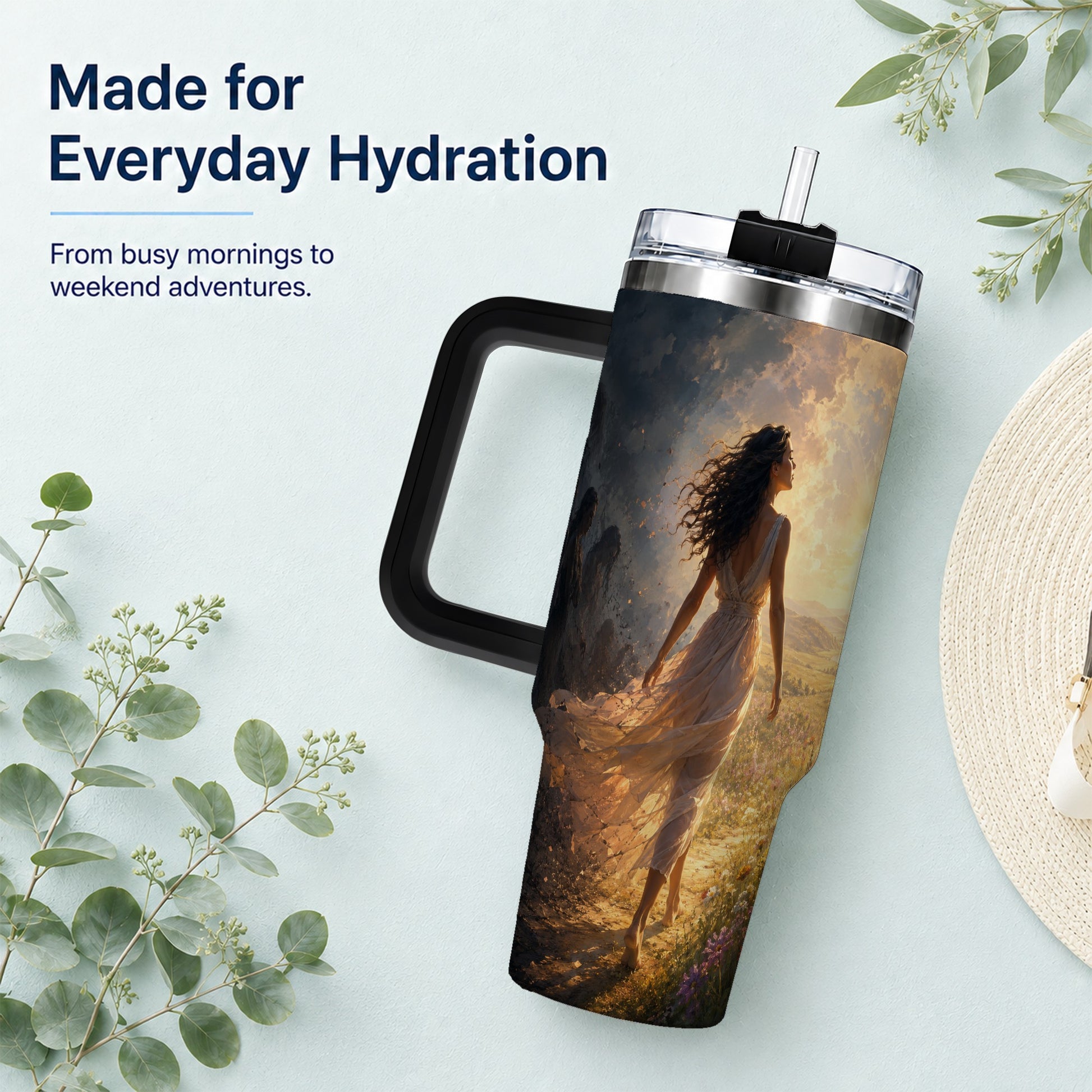 #pl[40oz|Black] Into the Light 40oz Tumbler with Handle, Hopeful Journey Art