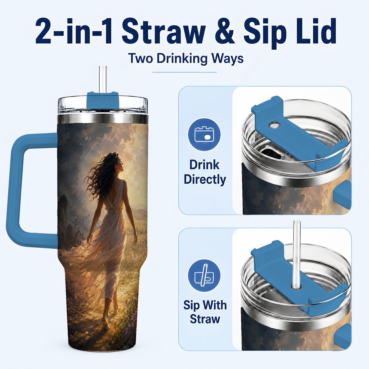 #pl[40oz|Blue] Into the Light 40oz Tumbler with Handle, Hopeful Journey Art