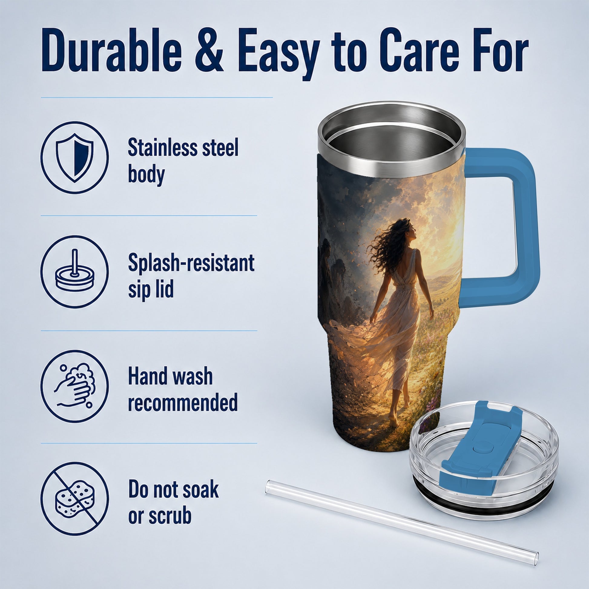 #pl[40oz|Blue] Into the Light 40oz Tumbler with Handle, Hopeful Journey Art
