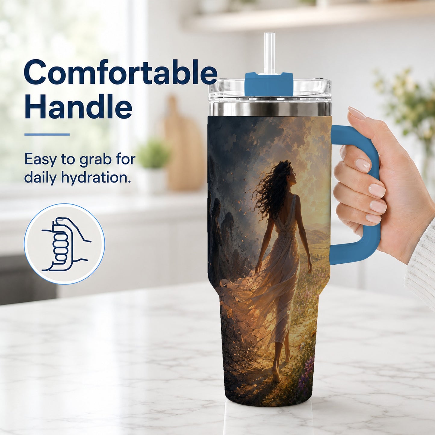 #pl[40oz|Blue] Into the Light 40oz Tumbler with Handle, Hopeful Journey Art
