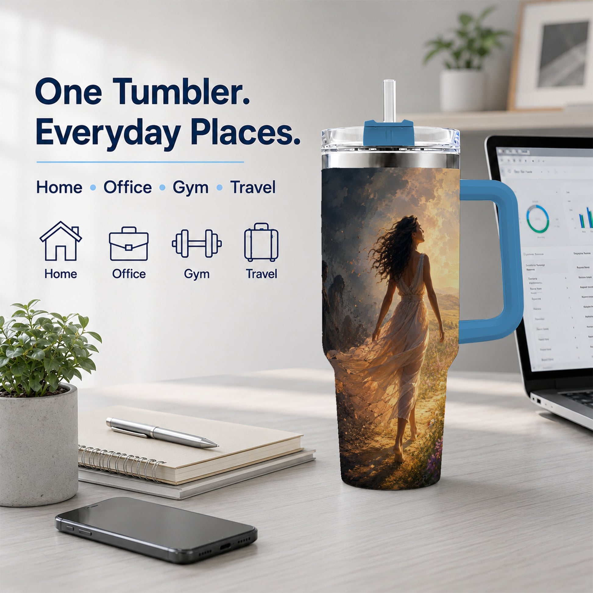 #pl[40oz|Blue] Into the Light 40oz Tumbler with Handle, Hopeful Journey Art