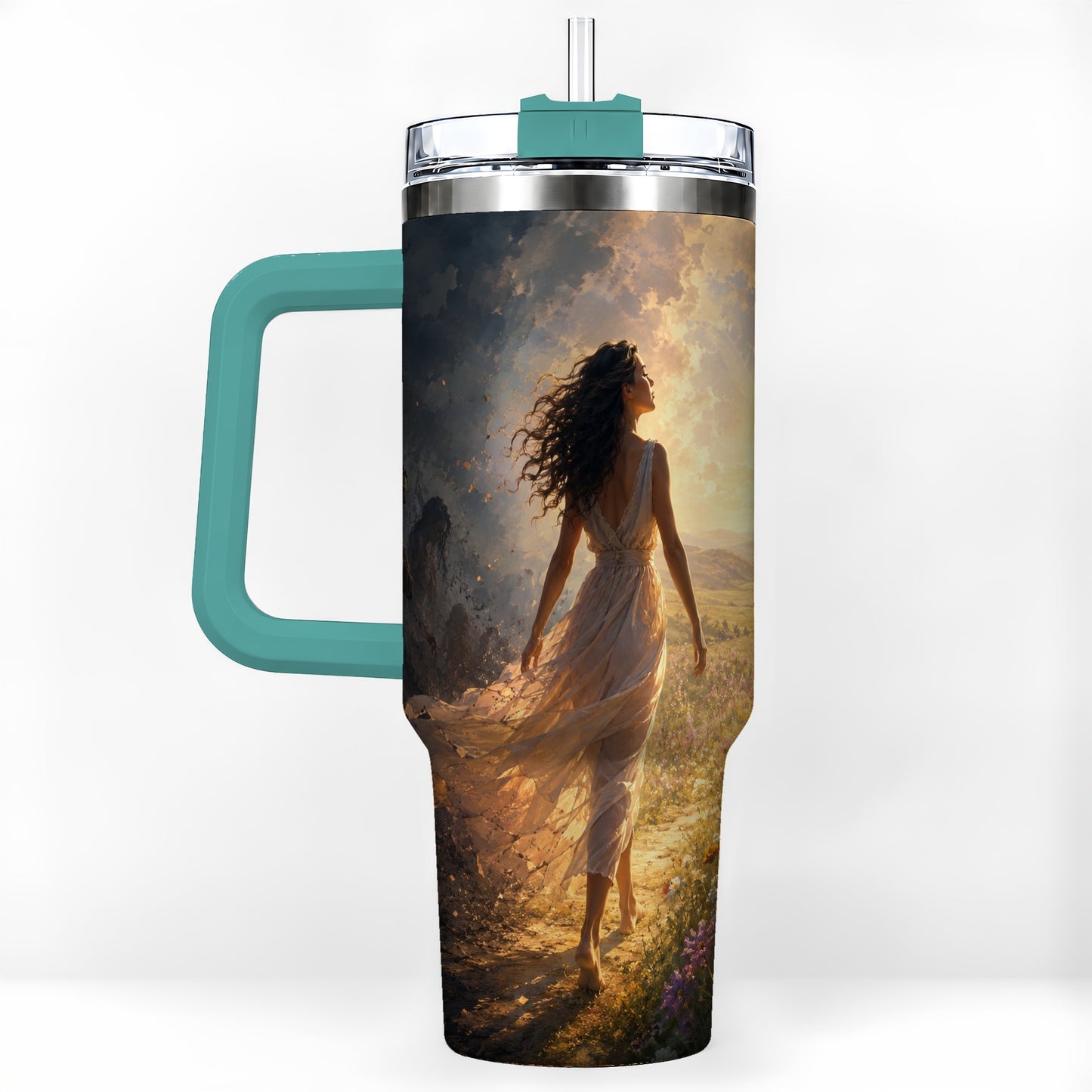 #pl[40oz|Green] Into the Light 40oz Tumbler with Handle, Hopeful Journey Art