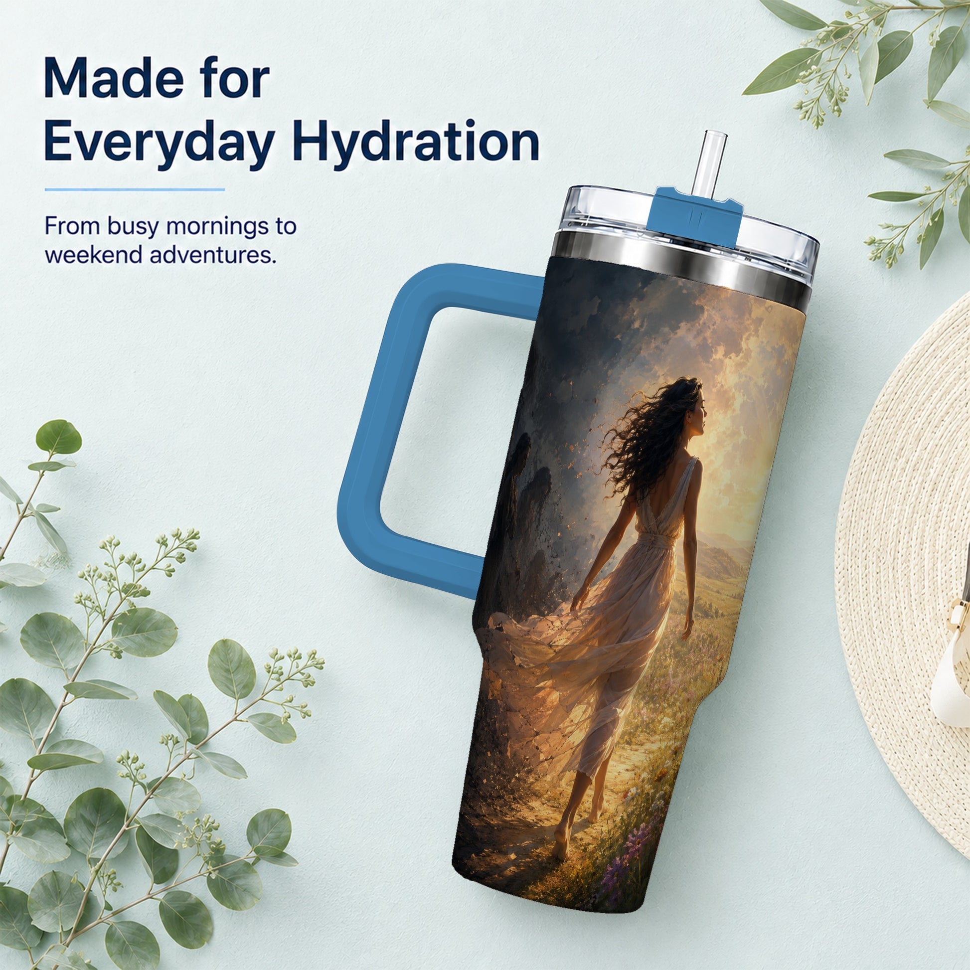 #pl[40oz|Blue] Into the Light 40oz Tumbler with Handle, Hopeful Journey Art