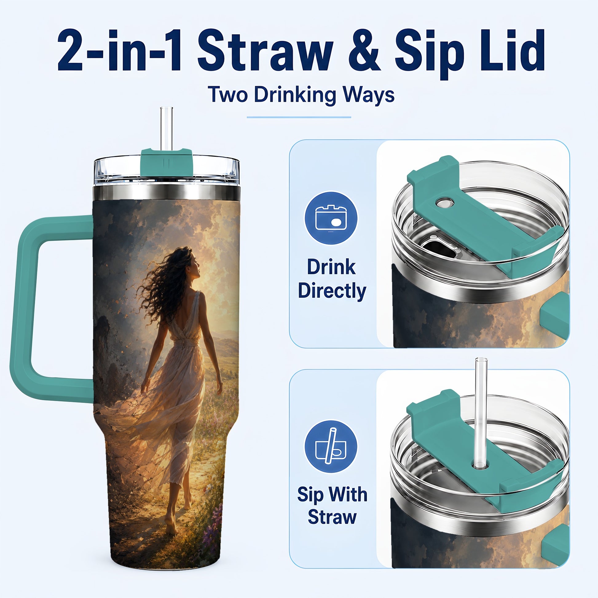 #pl[40oz|Green] Into the Light 40oz Tumbler with Handle, Hopeful Journey Art