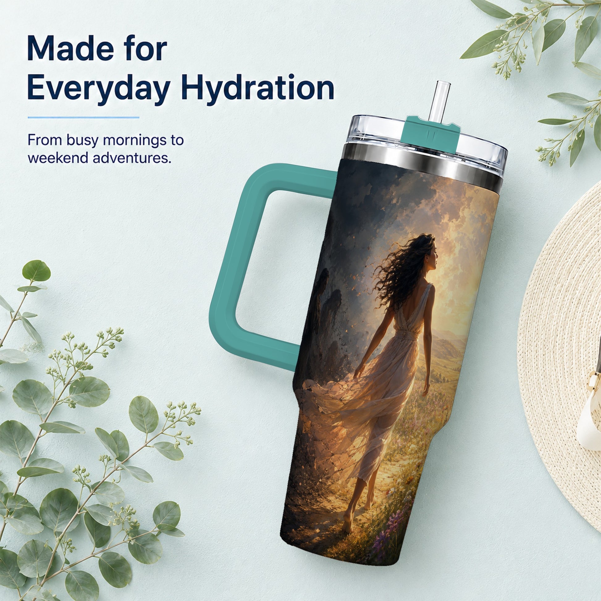 #pl[40oz|Green] Into the Light 40oz Tumbler with Handle, Hopeful Journey Art