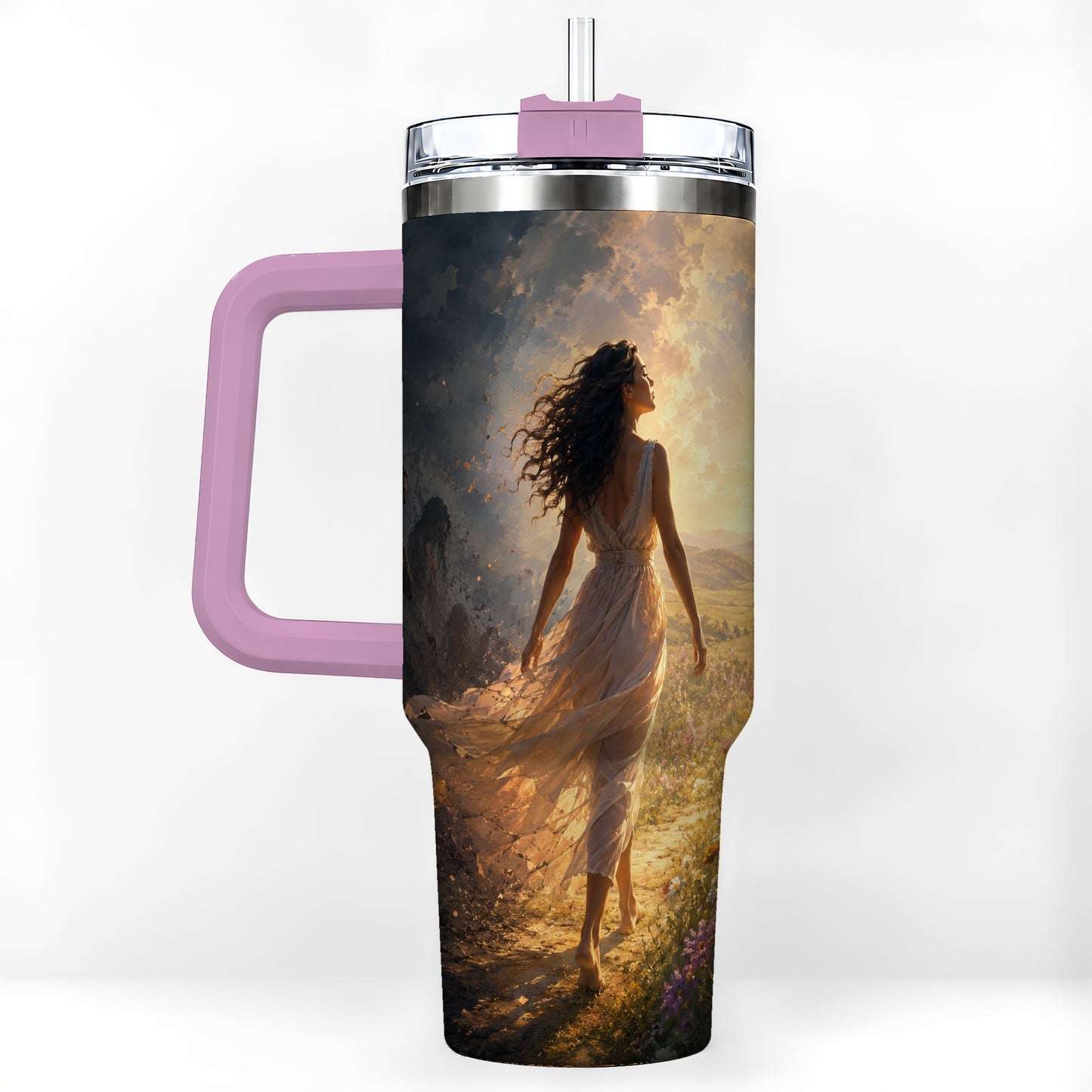 #pl[40oz|Pink] Into the Light 40oz Tumbler with Handle, Hopeful Journey Art
