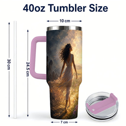 #pl[40oz|Pink] Into the Light 40oz Tumbler with Handle, Hopeful Journey Art