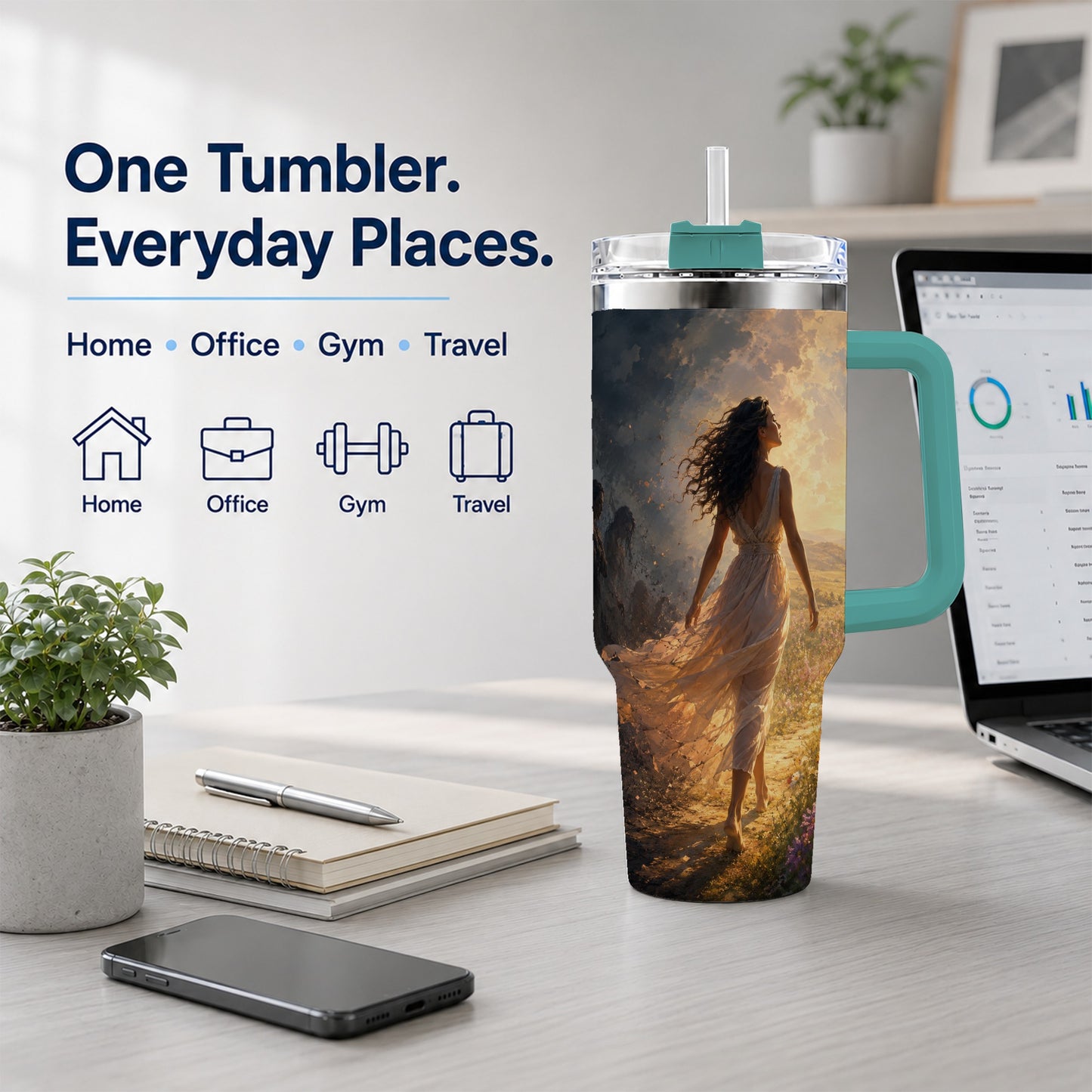 #pl[40oz|Green] Into the Light 40oz Tumbler with Handle, Hopeful Journey Art