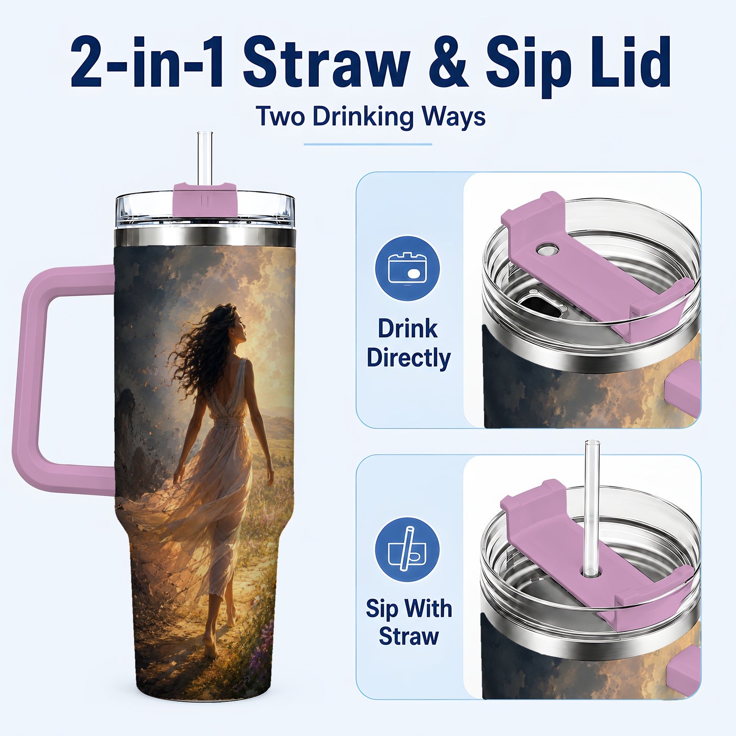 #pl[40oz|Pink] Into the Light 40oz Tumbler with Handle, Hopeful Journey Art