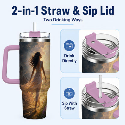 #pl[40oz|Pink] Into the Light 40oz Tumbler with Handle, Hopeful Journey Art