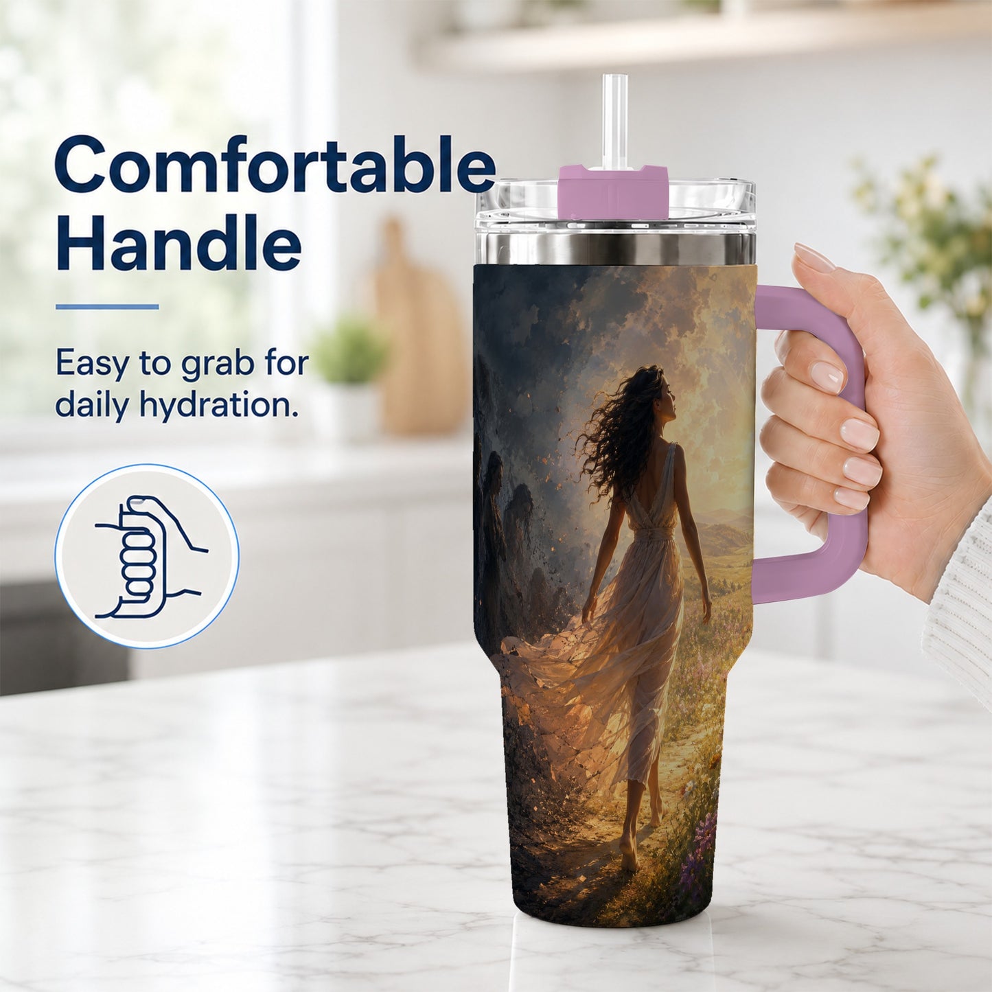 #pl[40oz|Pink] Into the Light 40oz Tumbler with Handle, Hopeful Journey Art