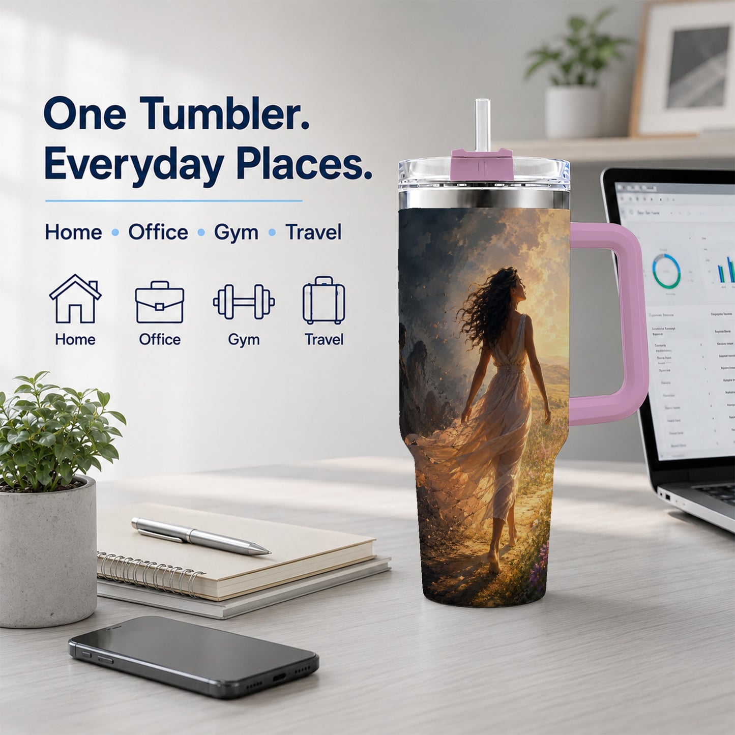 #pl[40oz|Pink] Into the Light 40oz Tumbler with Handle, Hopeful Journey Art