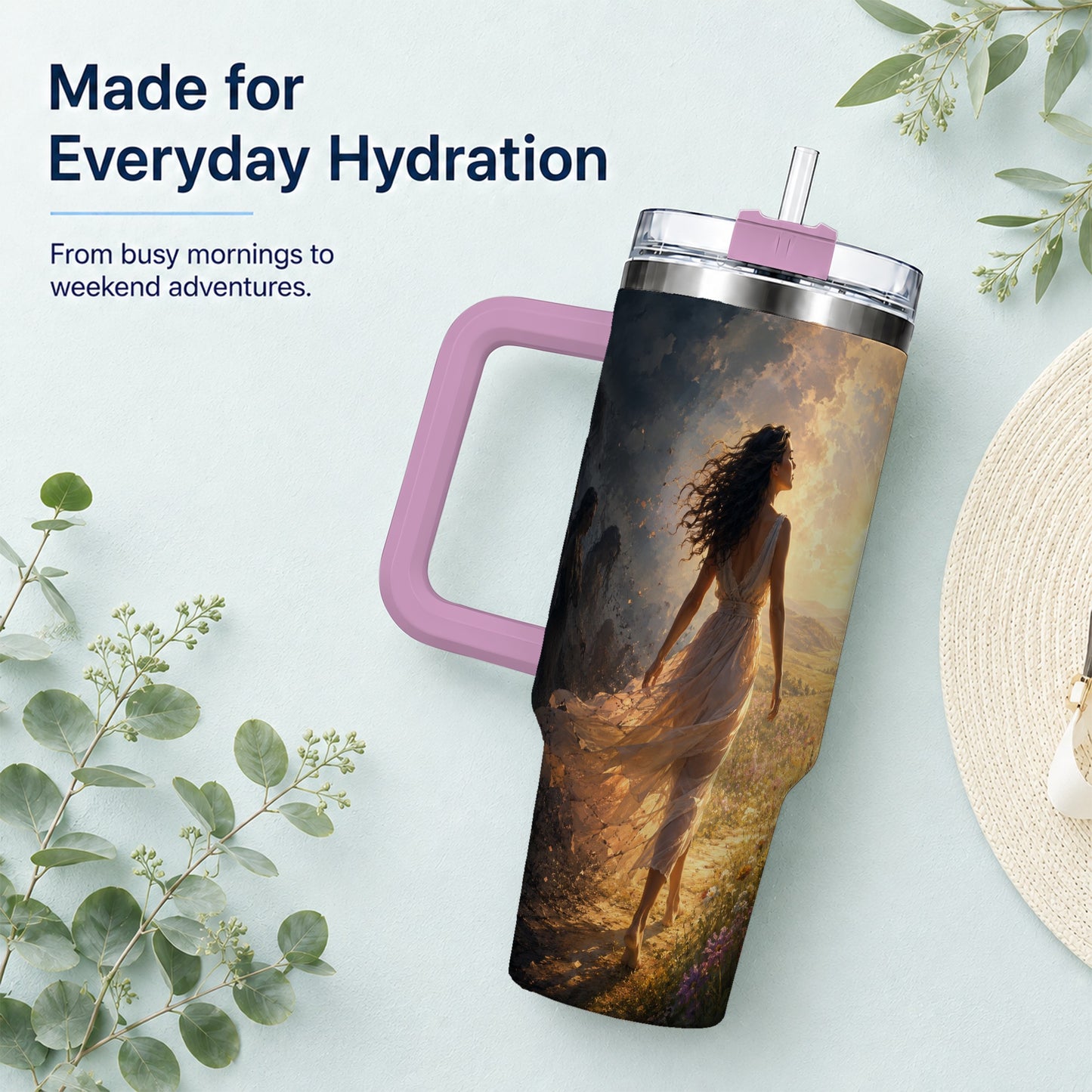 #pl[40oz|Pink] Into the Light 40oz Tumbler with Handle, Hopeful Journey Art