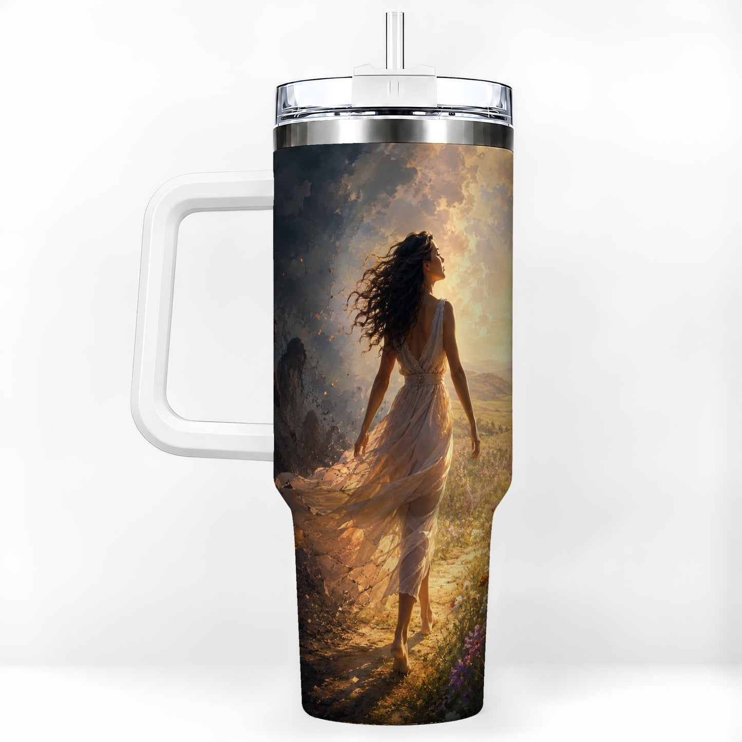 Into the Light 40oz Tumbler with Handle, Hopeful Journey Art