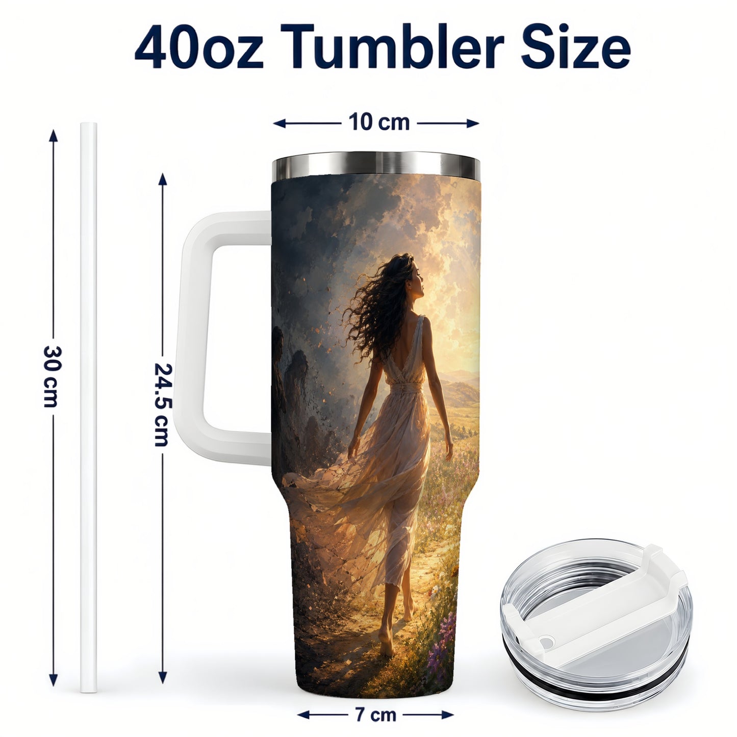#pl[40oz|White] Into the Light 40oz Tumbler with Handle, Hopeful Journey Art